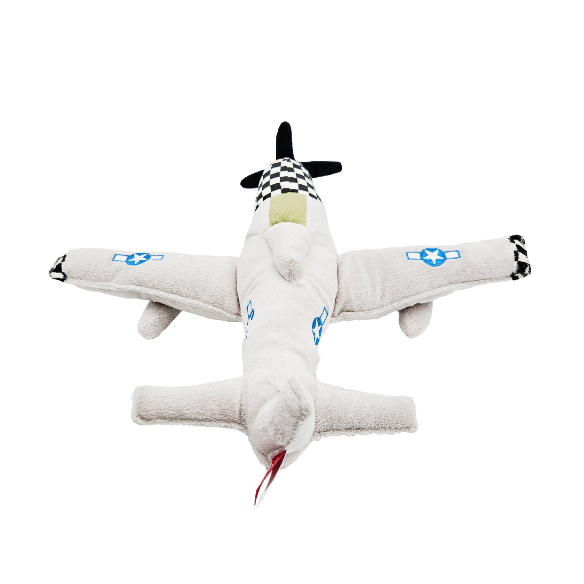 Overhead view of WowToyz Cuddle Zoo P-51 Mustang plush airplane with embroidered U.S. insignia on wings and red tail tag.