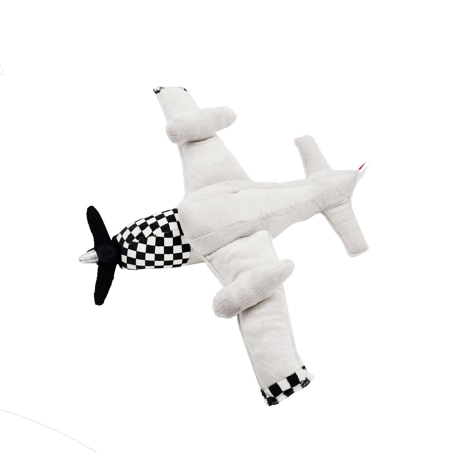 High-angle view of WowToyz P-51 Mustang plush airplane toy featuring gray body, black propeller, and checkerboard nose design.