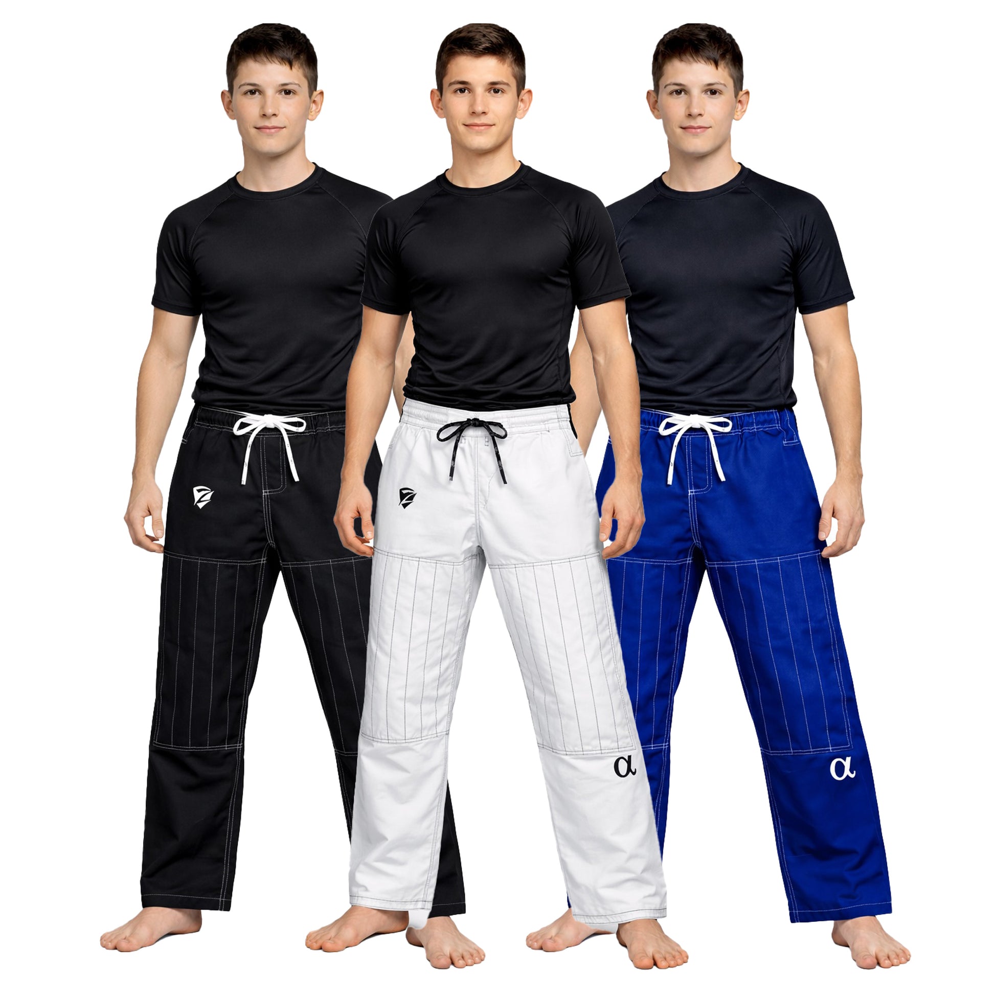 Three individuals wearing different colored martial arts uniforms on a white background
