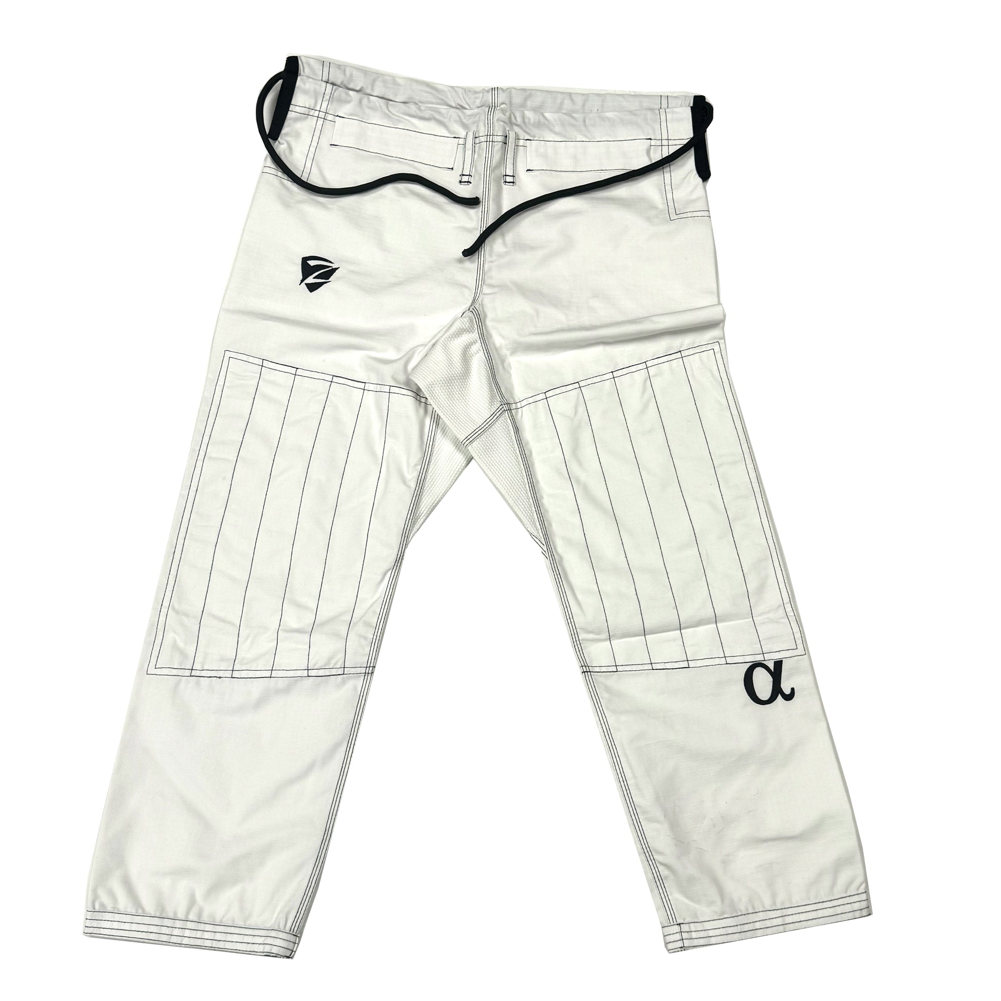 Zed Honra Women’s Alpha Gi – Front View of White BJJ Ripstop Pants with Reinforced Stitching