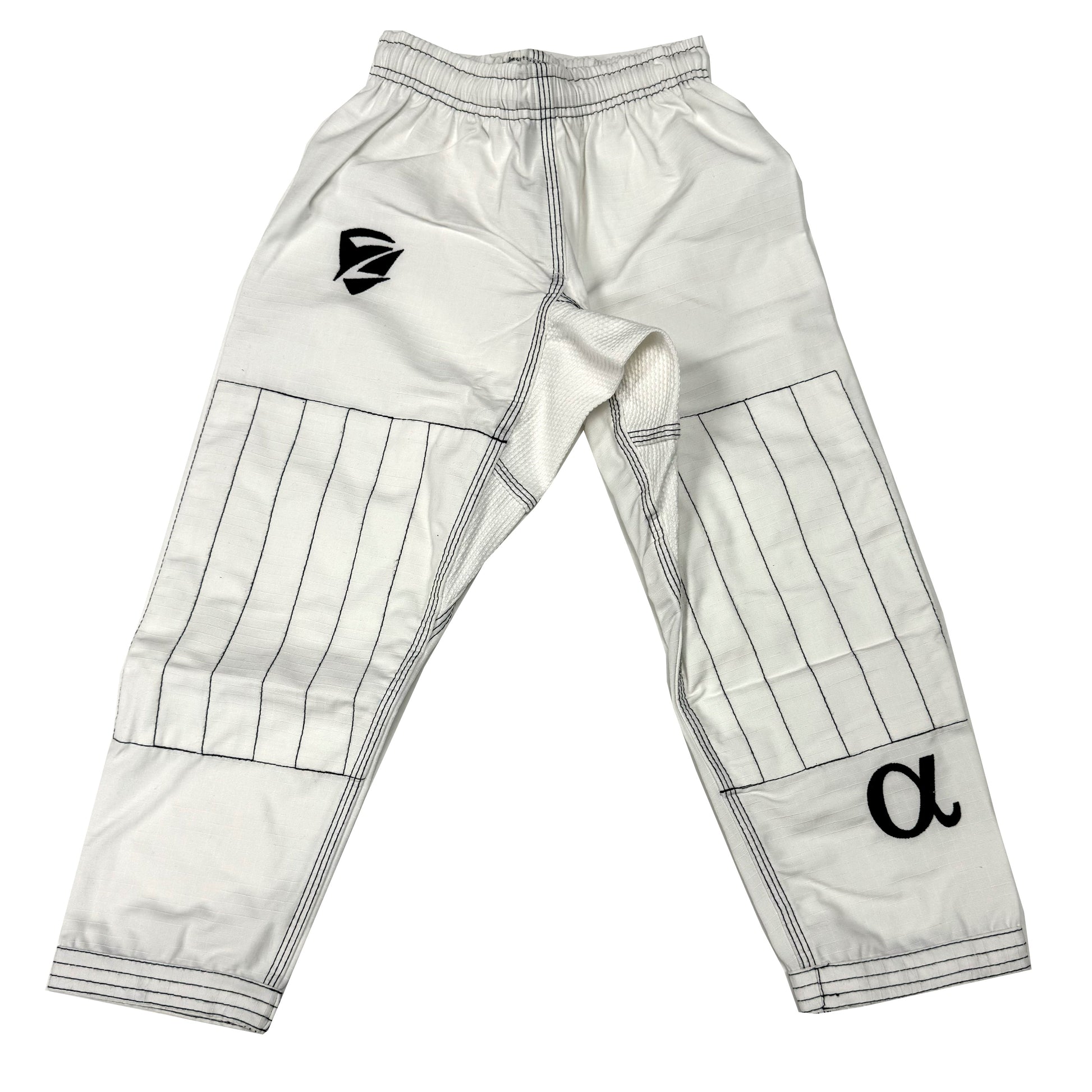 Zed Honra Youth Alpha Gi – Front View of White BJJ Ripstop Pants with Reinforced Stitching
