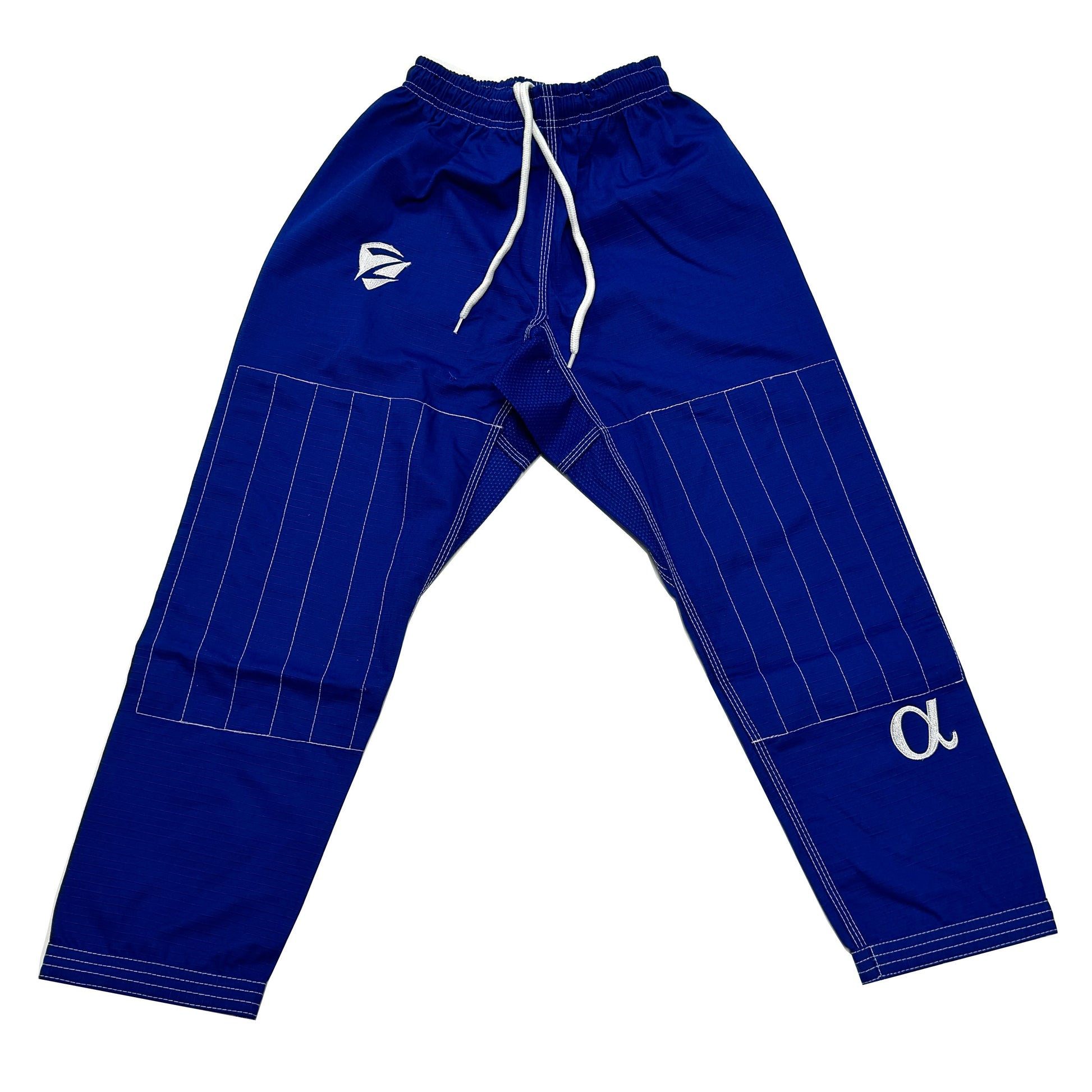 Zed Honra Youth Alpha Gi – Front View of Blue BJJ Ripstop Pants with Reinforced Stitching