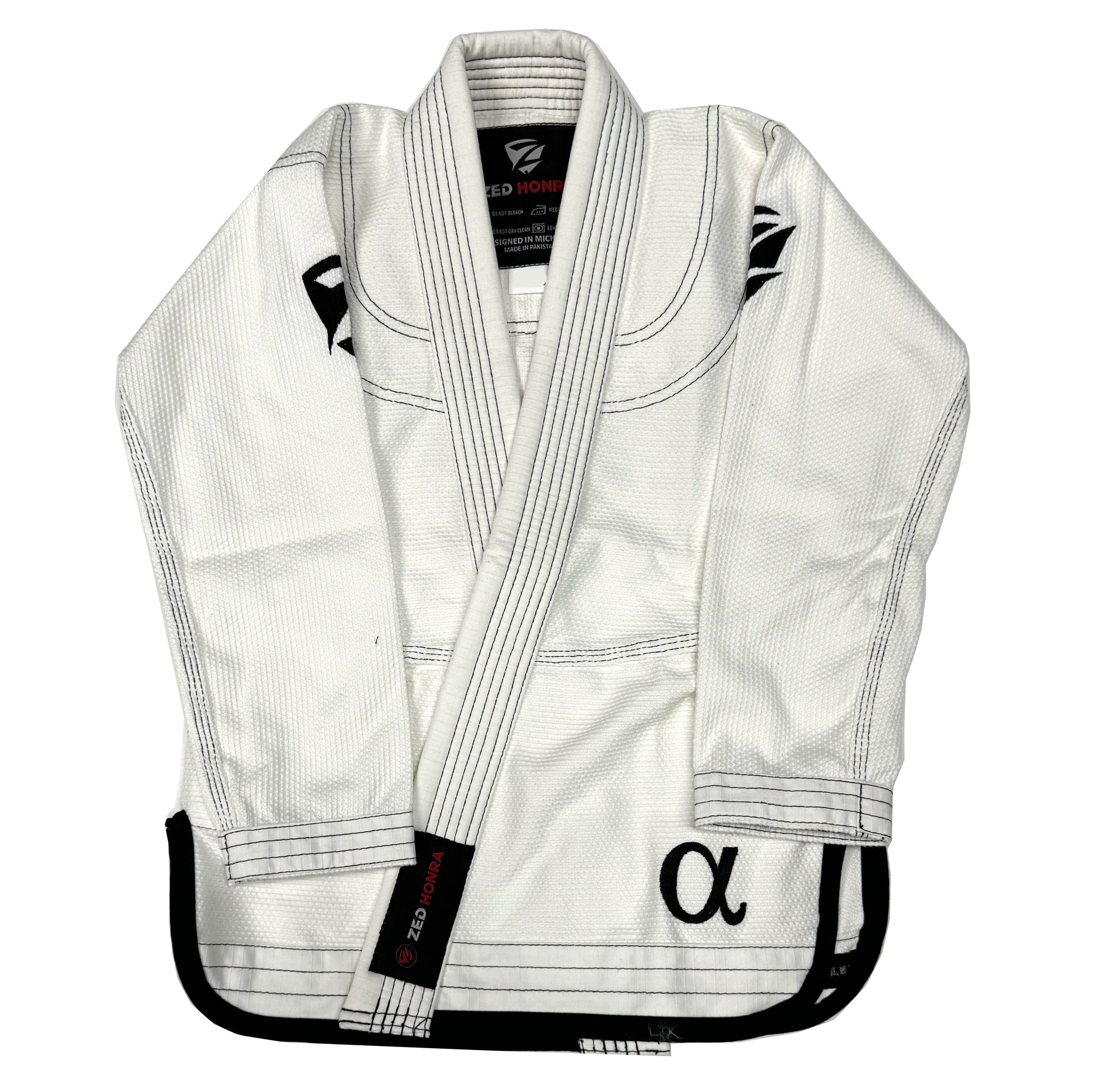 Zed Honra Youth Alpha Gi – Front View of White BJJ Kimono Jacket with Arms Down