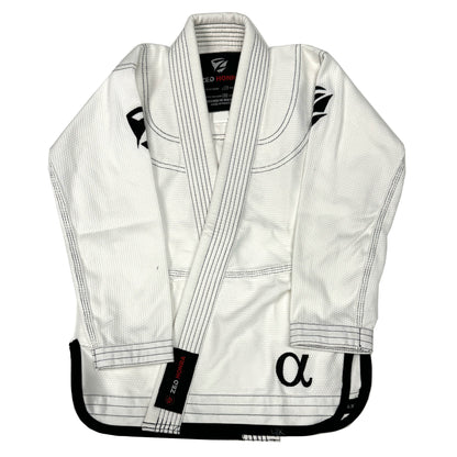 Zed Honra Youth Alpha Gi – Front View of White BJJ Kimono Jacket with Arms Down
