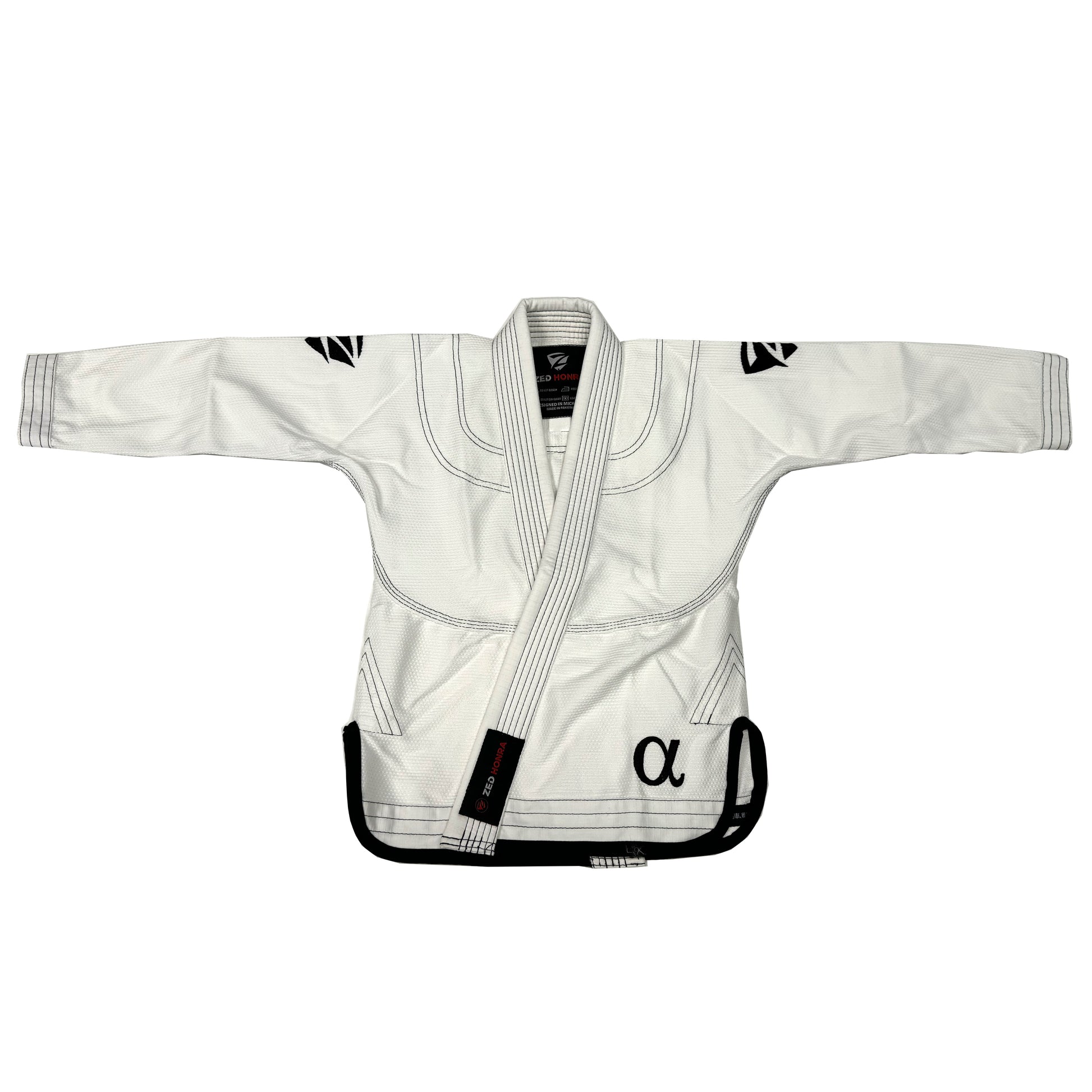 Zed Honra Men’s Alpha Gi – Front View of White BJJ Kimono Jacket with 450 GSM Pearl Weave Fabric