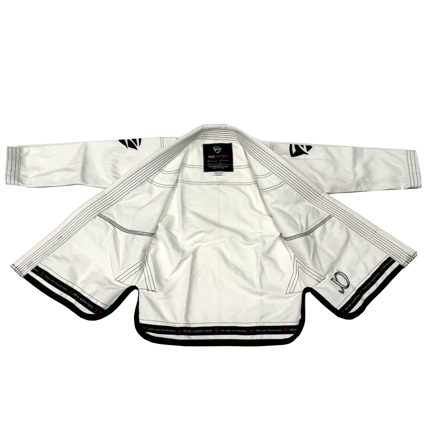Zed Honra Men’s Alpha Gi – Open Front View of White BJJ Kimono Jacket Showing Inner Lining and Stitching