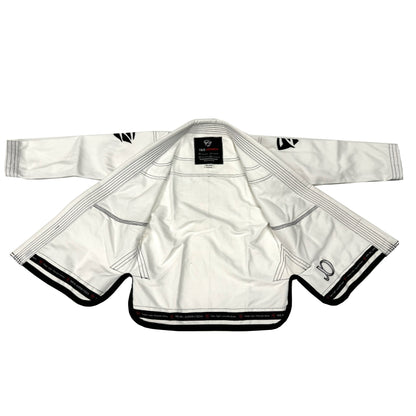 Zed Honra Men’s Alpha Gi – Open Front View of White BJJ Kimono Jacket Showing Inner Lining and Stitching