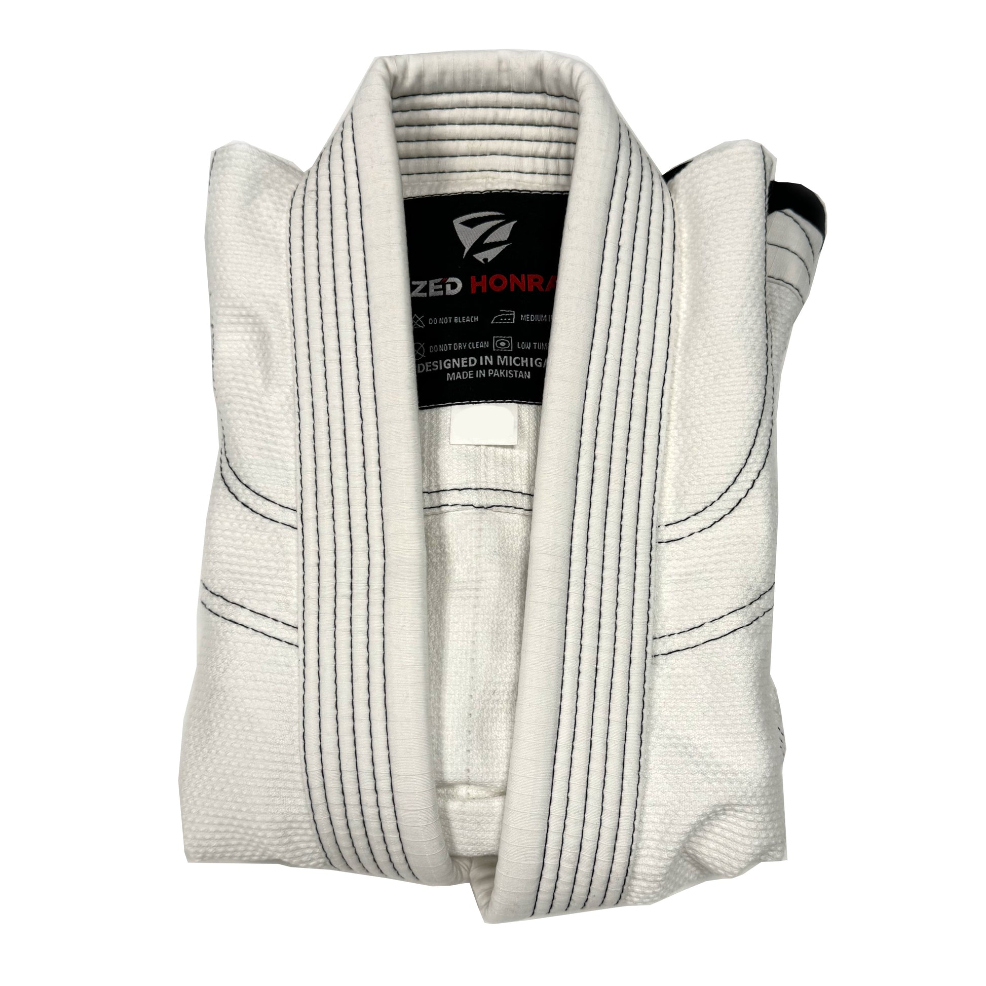 Zed Honra Youth Alpha Gi – White BJJ Kimono Jacket Neatly Folded for Storage or Display