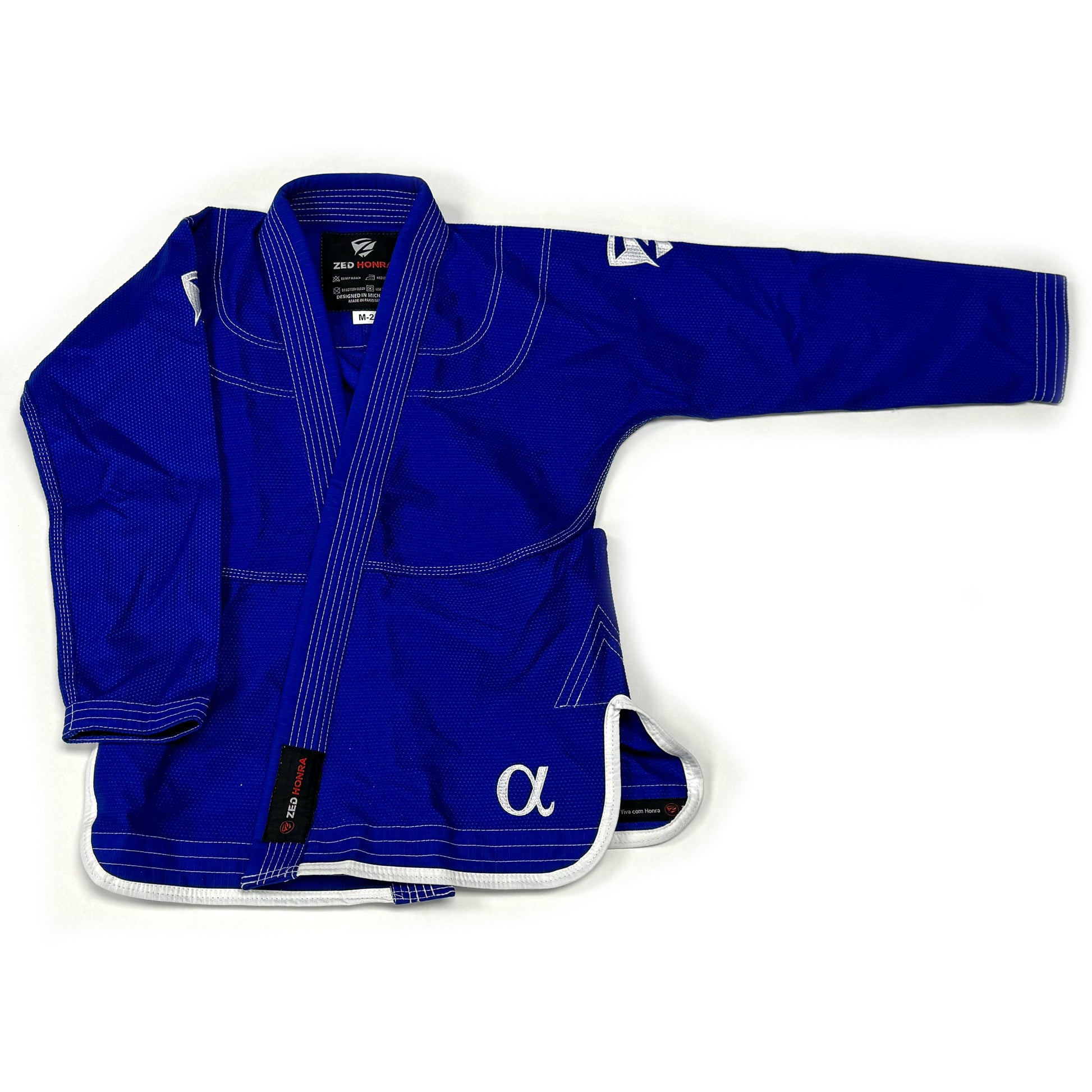 Zed Honra Men’s Alpha Gi – Front View of Blue BJJ Kimono Jacket with One Arm Extended
