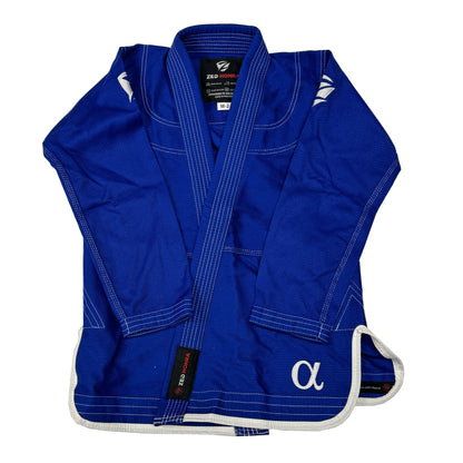 Zed Honra Women’s Alpha Gi – Front View of Blue BJJ Kimono with Both Arms Down