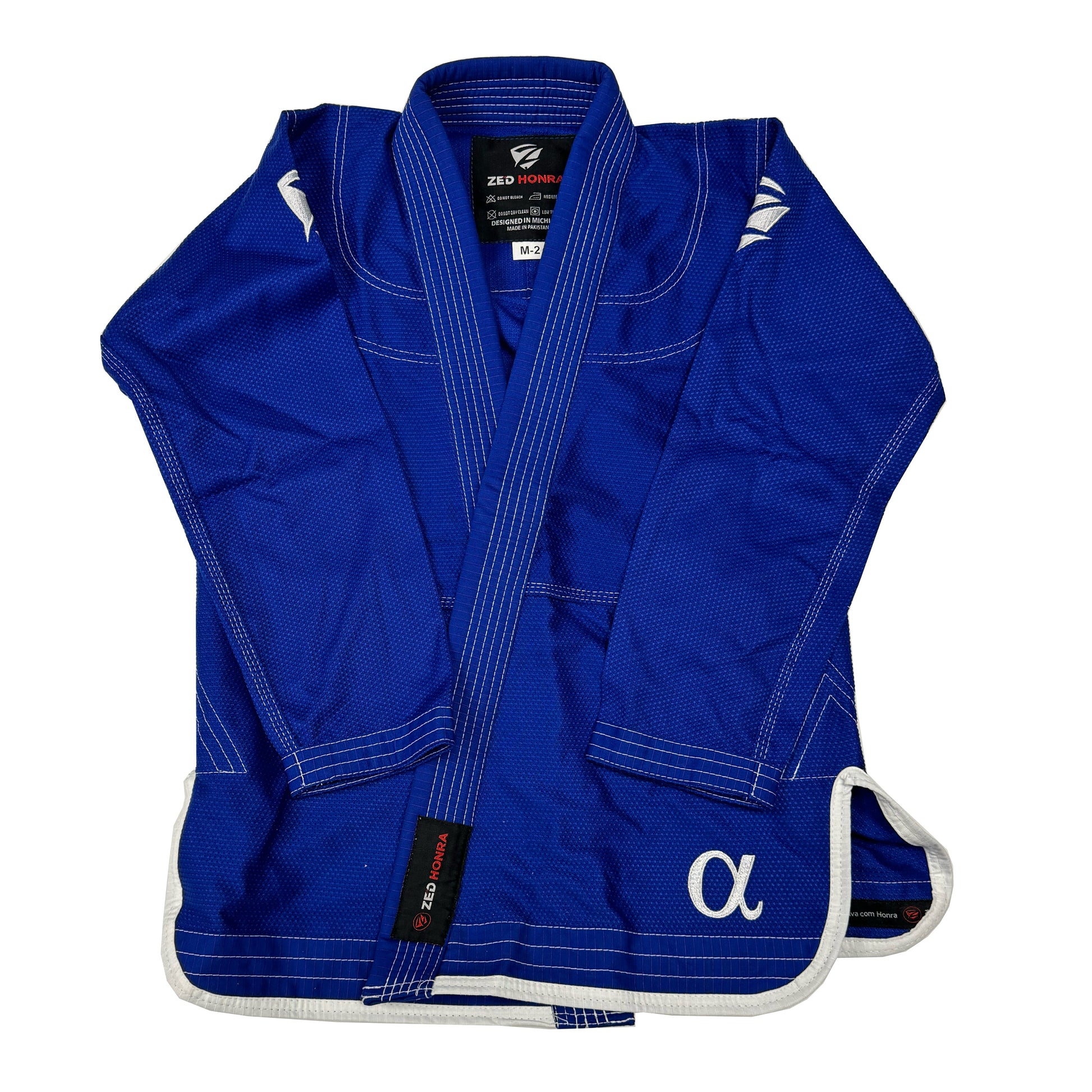 Zed Honra Men’s Alpha Gi – Front View of Blue BJJ Kimono Jacket with Arms Folded Down