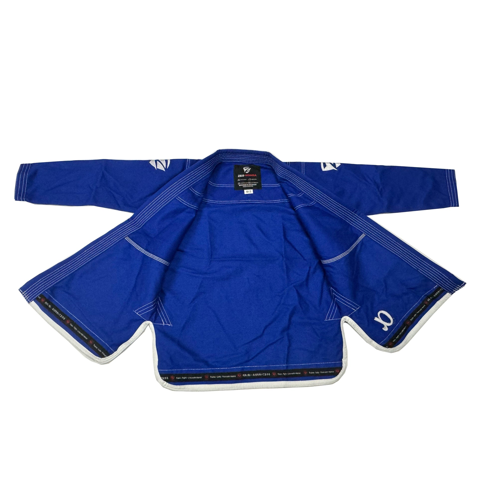 Zed Honra Men’s Alpha Gi – Open Front View of Blue BJJ Kimono Jacket Showing Inner Lining and Stitching