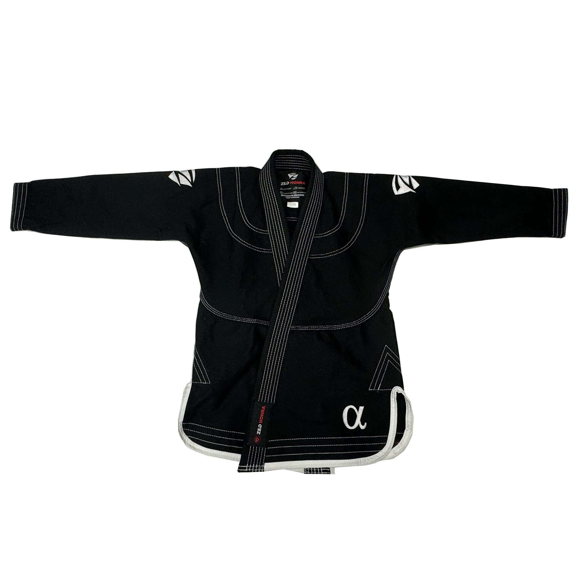 Zed Honra Youth Alpha Gi – Front View of Black BJJ Kimono Jacket for Kids with 450 GSM Pearl Weave Fabric