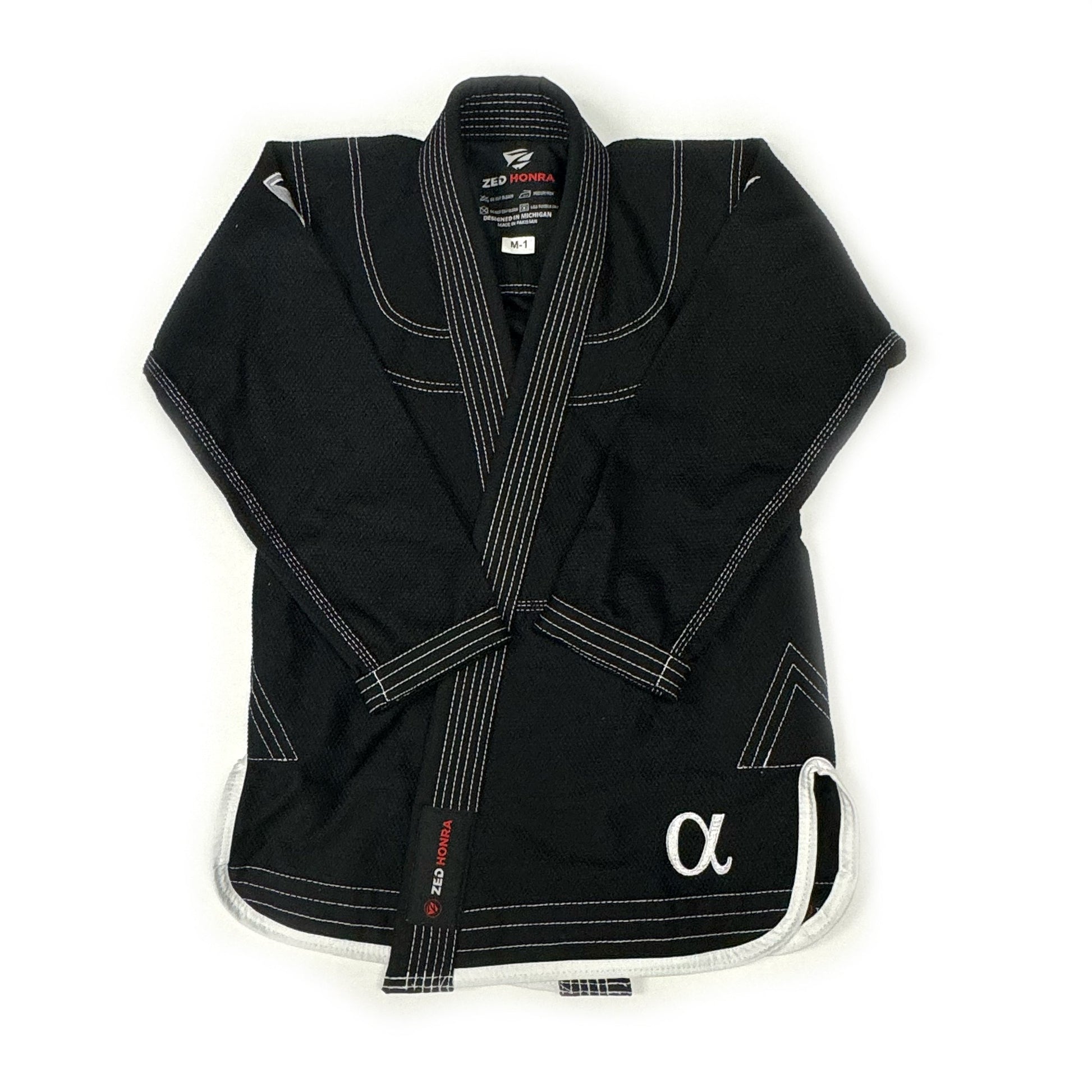 Zed Honra Men’s Alpha Gi – Front View of Black BJJ Kimono Jacket with Arms Folded