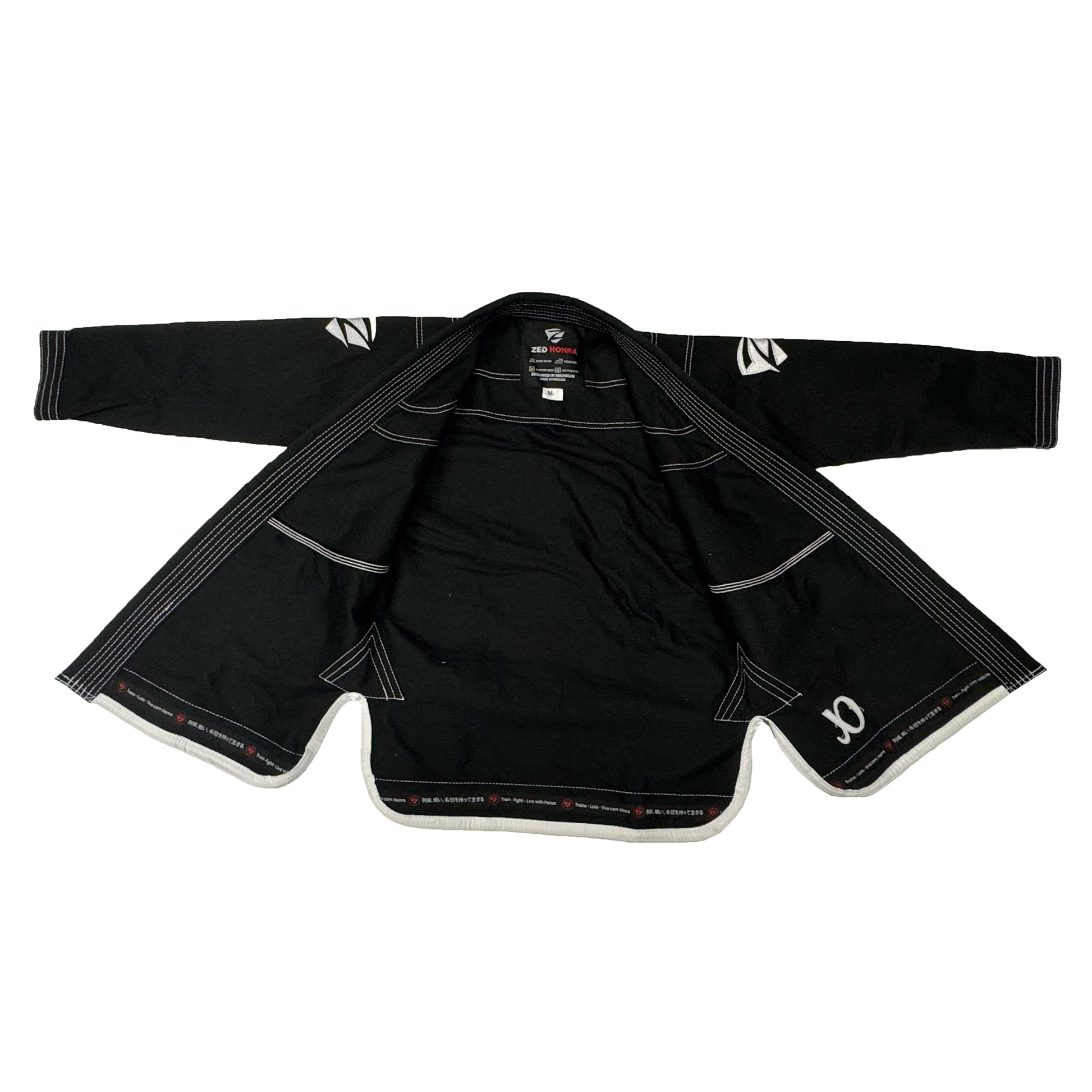 Zed Honra Women’s Alpha Gi – Open Front View of Black BJJ Kimono Showing Inner Lining and Stitching