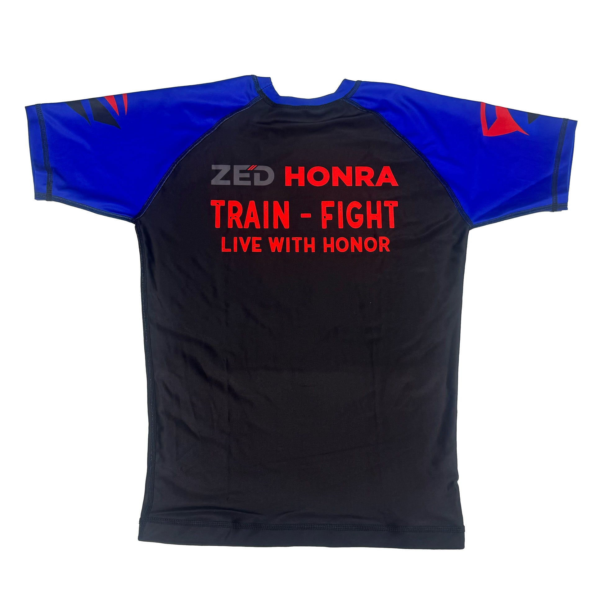 Black Adult Model 1R Ranked Rash Guard – Blue Belt Variant (Flat Lay Back)