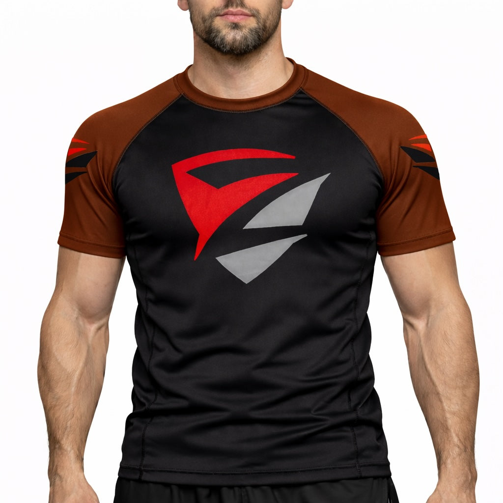 Adult Model 1R Ranked Rash Guard – Black Base with Brown Belt Sleeves (Front View)