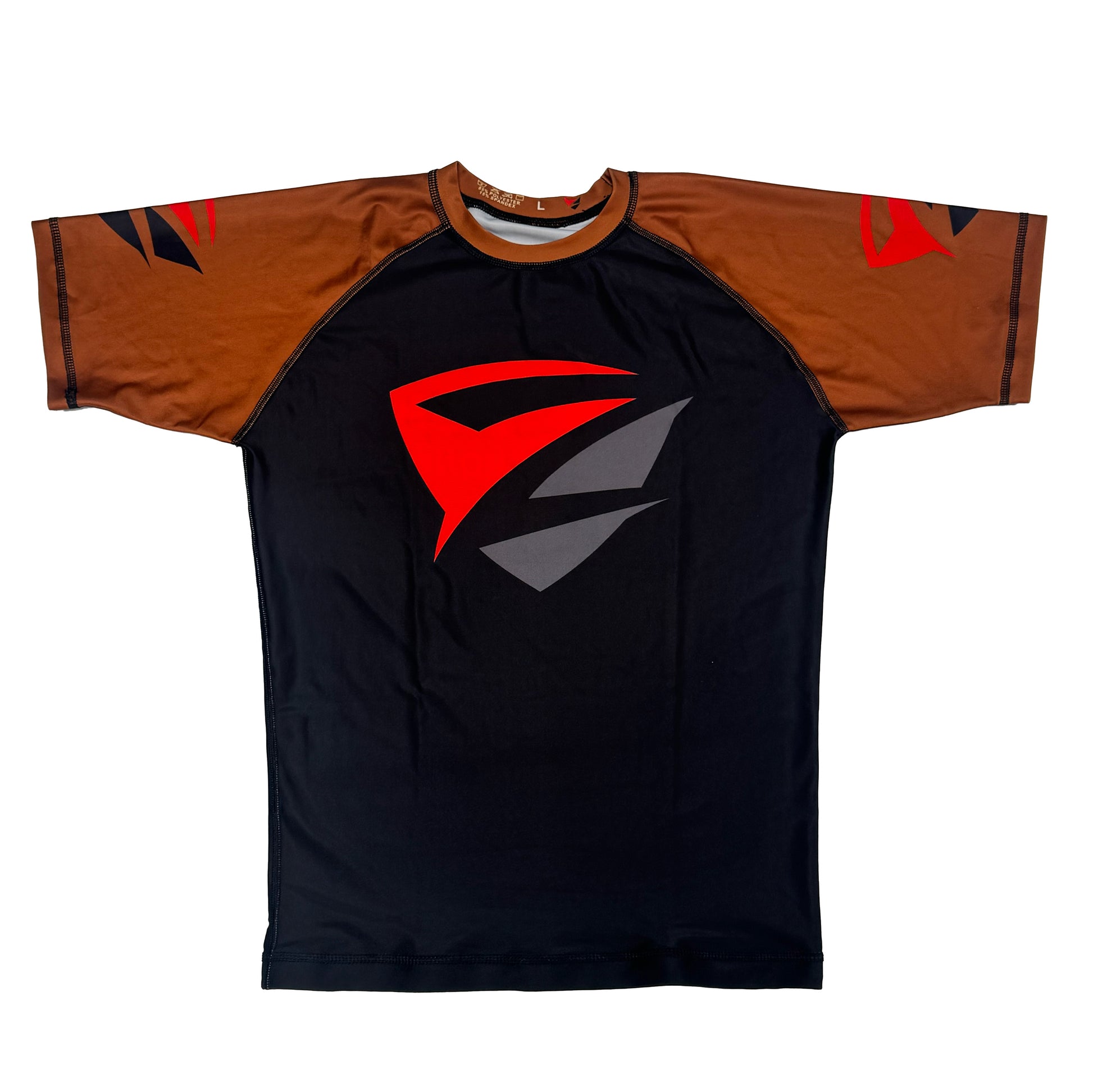 Black Adult Model 1R Ranked Rash Guard – Brown Belt Variant (Flat Lay Front)