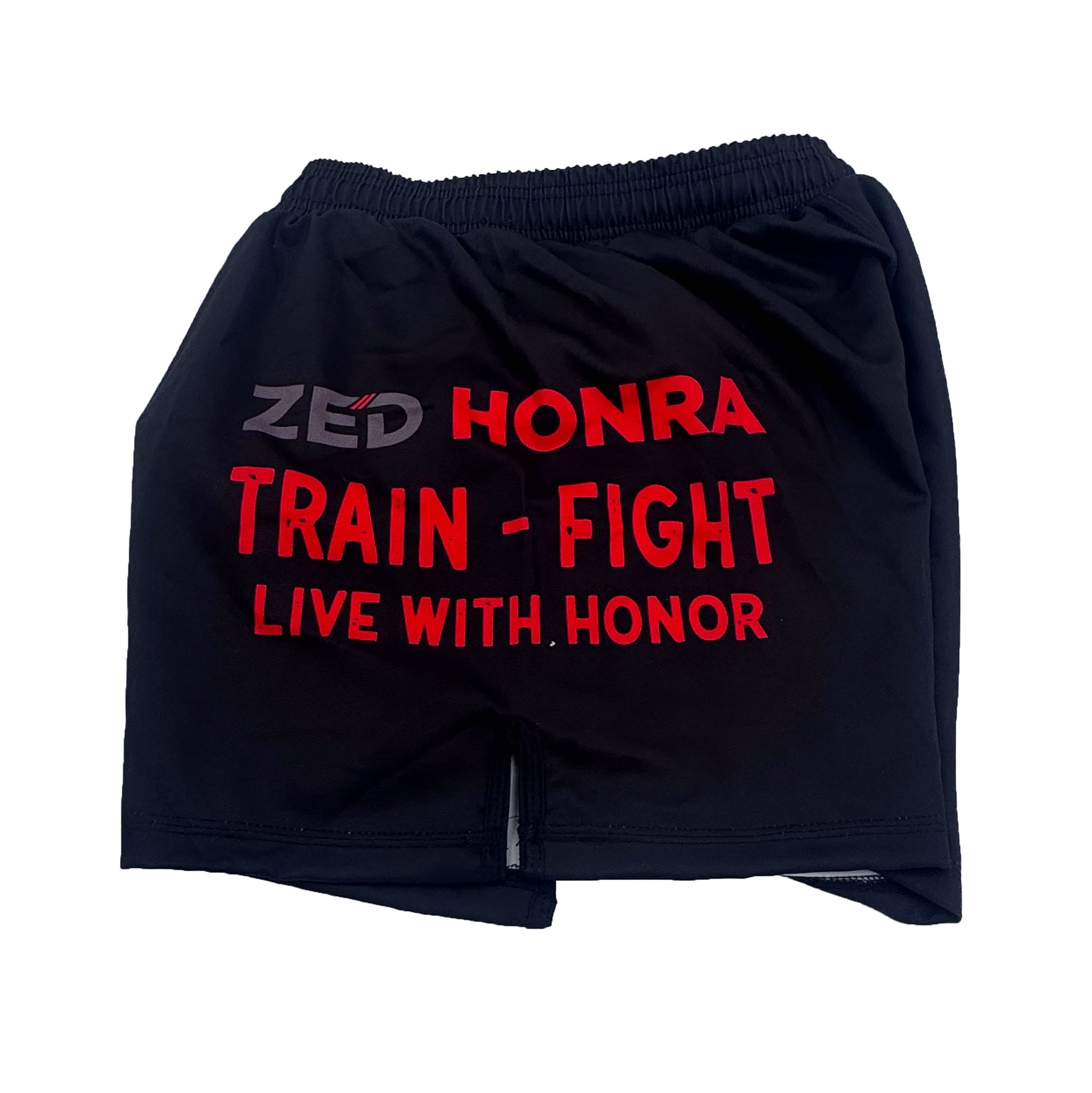 Zed Honra Model 1 No-Gi Shorts – Left Leg with ‘Train. Fight. Live with Honor’ Tagline