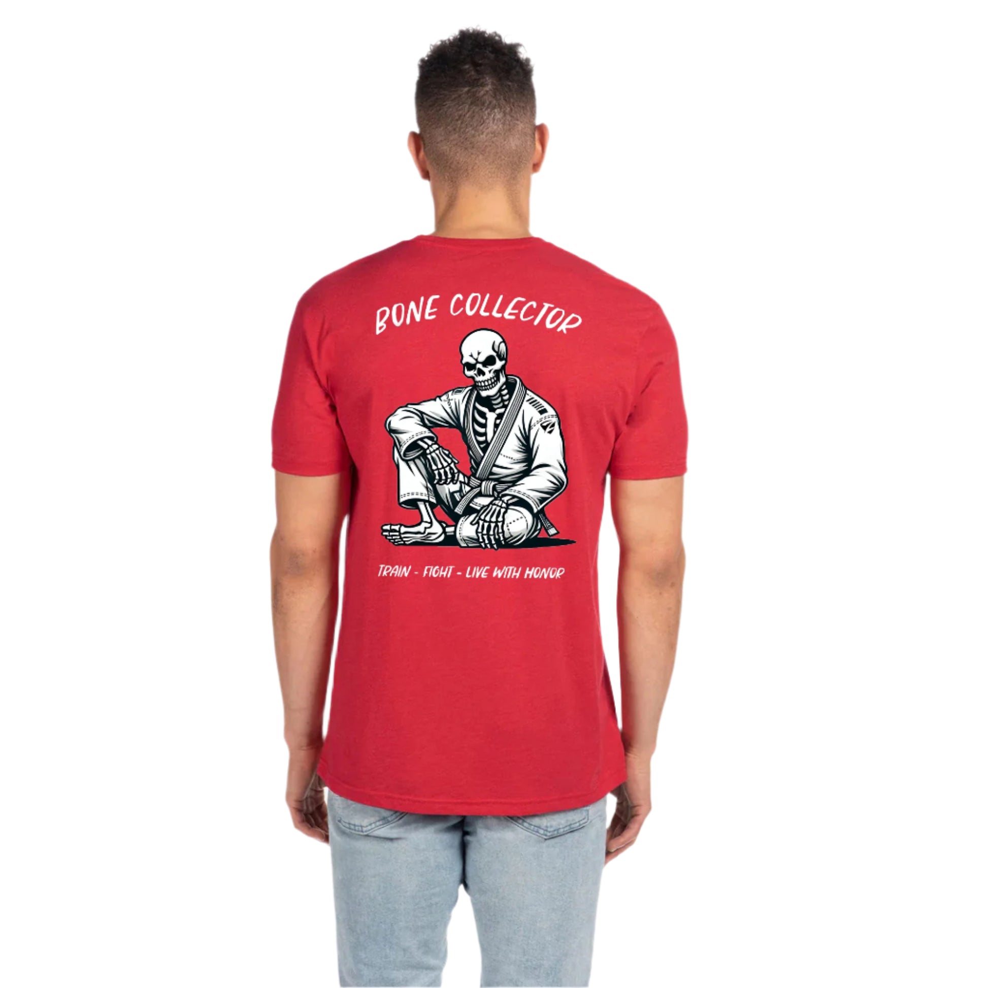 Zed Honra ‘Bone Collector’ Jiu-Jitsu T-Shirt in Red – Back View on Man