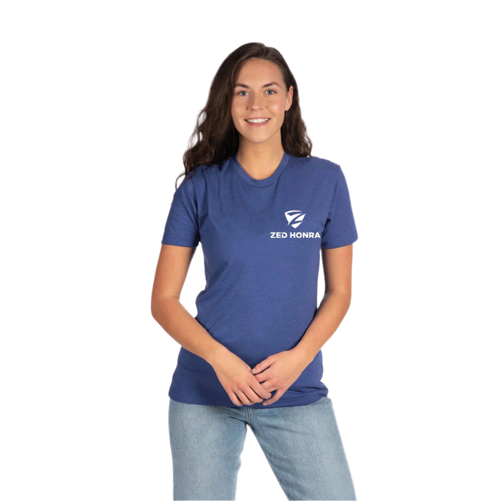 Zed Honra ‘Bone Collector’ Jiu-Jitsu T-Shirt in Royal Blue – Front View on Woman