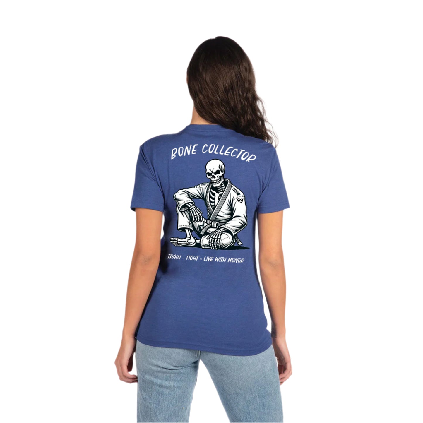 Zed Honra ‘Bone Collector’ Jiu-Jitsu T-Shirt in Royal Blue – Back View on Woman