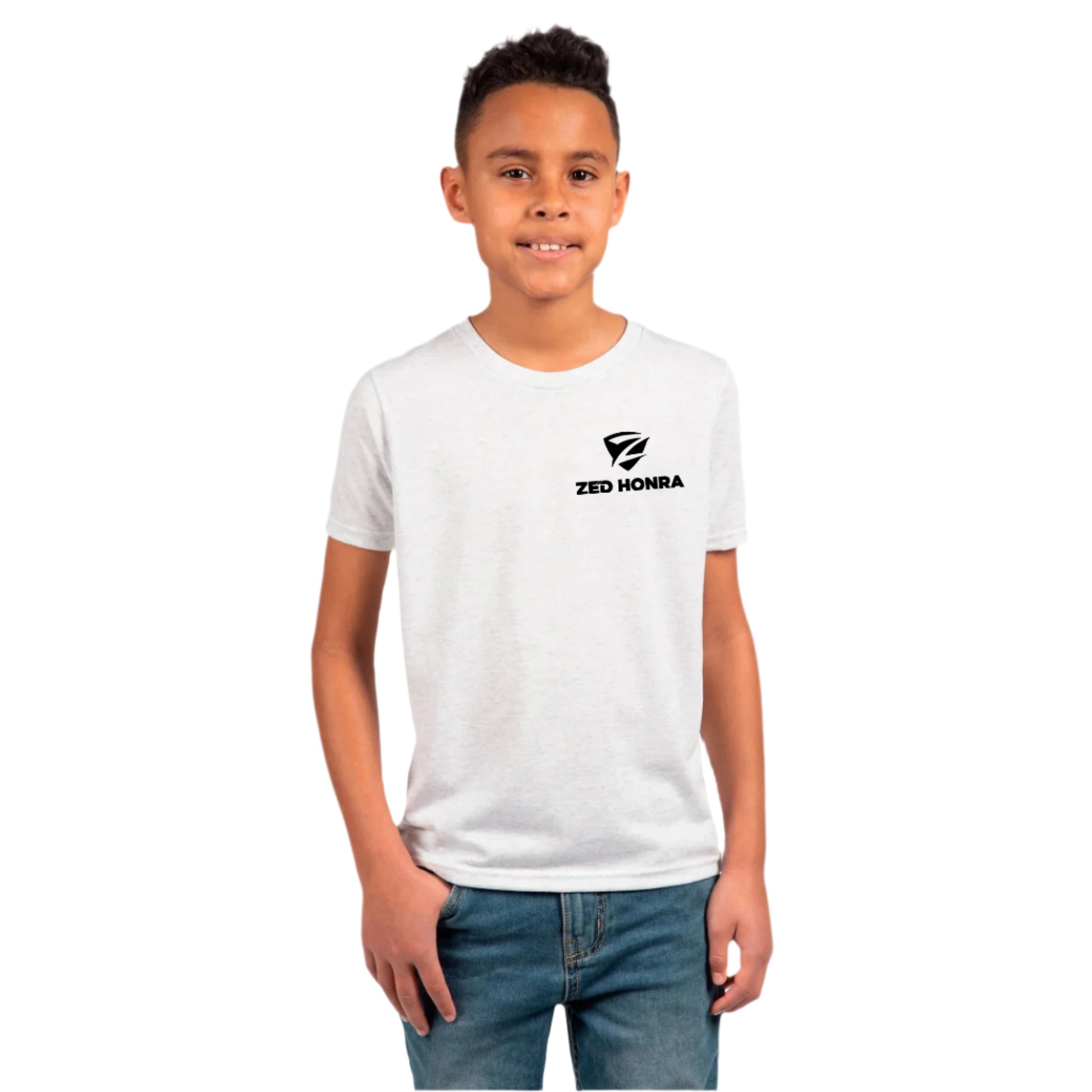 Zed Honra ‘Bone Collector’ Youth Jiu-Jitsu T-Shirt in Heather White – Front View on boy