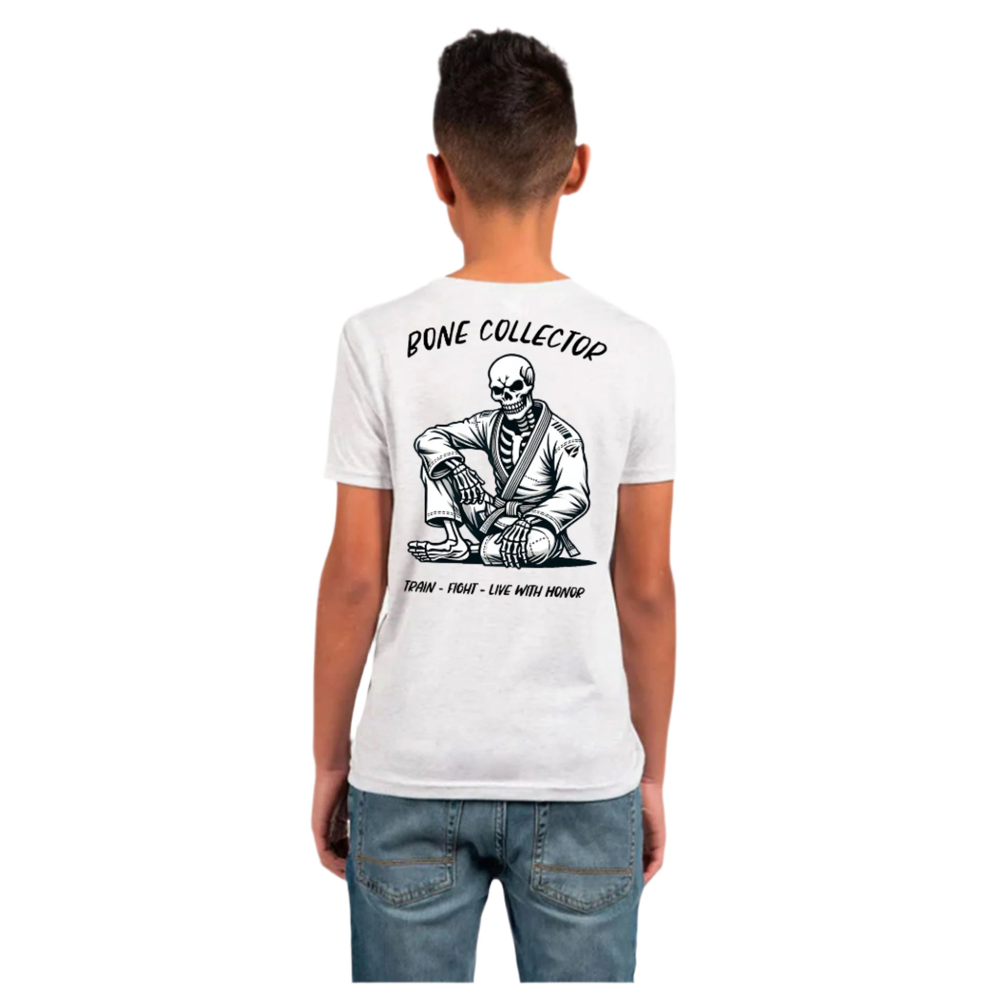 Zed Honra ‘Bone Collector’ Youth Jiu-Jitsu T-Shirt in Heather White – Back View on boy