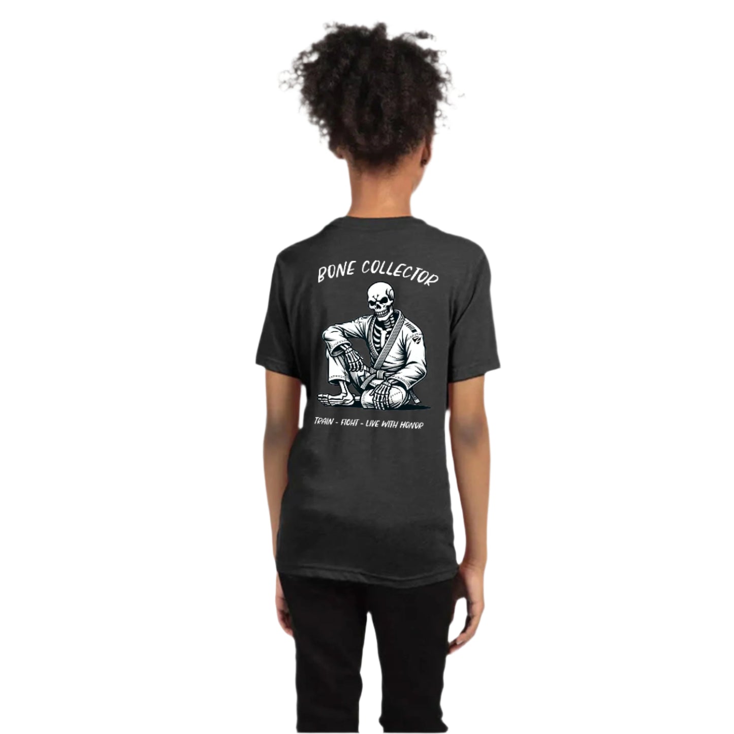 Zed Honra ‘Bone Collector’ Youth Jiu-Jitsu T-Shirt in Vintage Black – Back View on girl