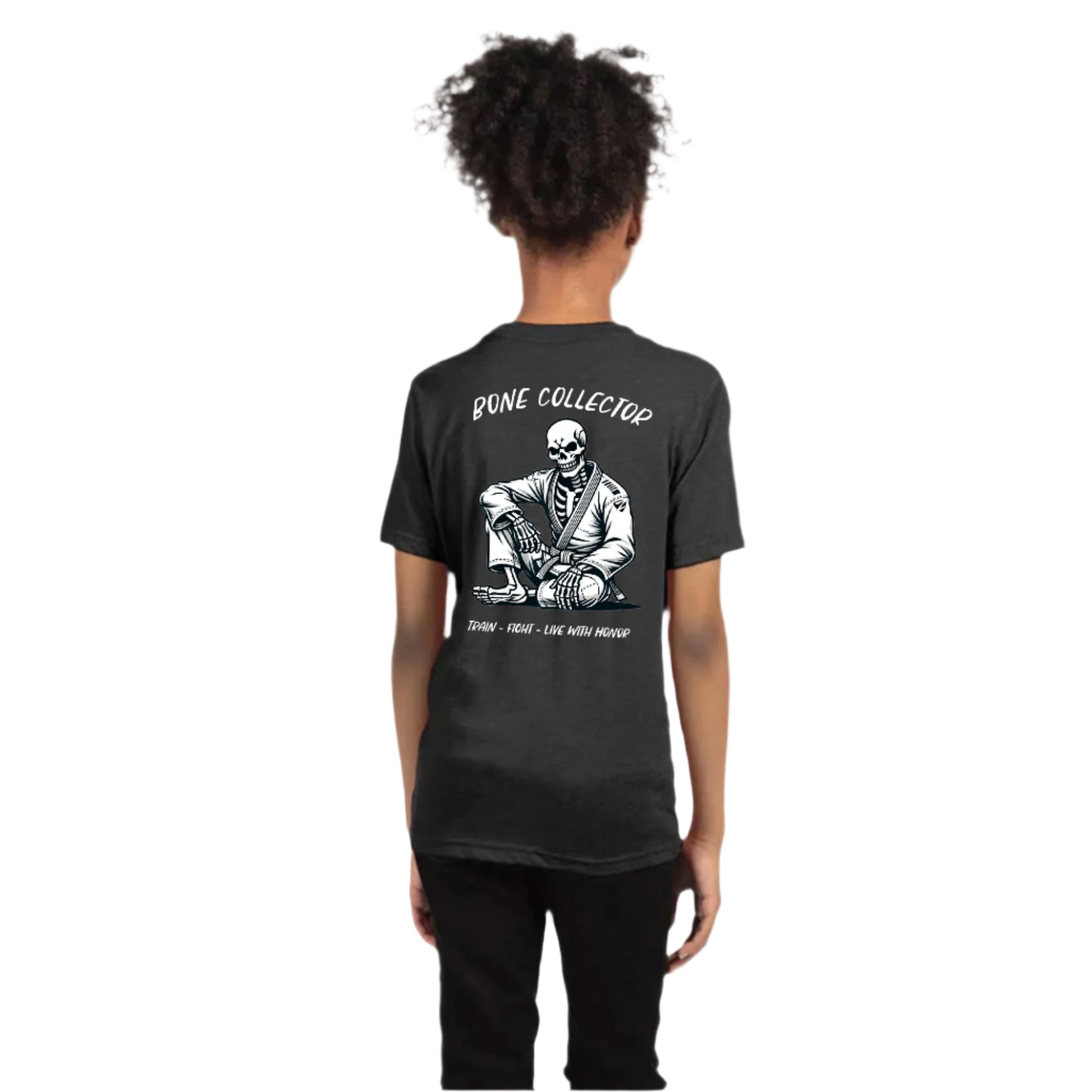 Zed Honra ‘Bone Collector’ Youth Jiu-Jitsu T-Shirt in Vintage Black – Back View on girl