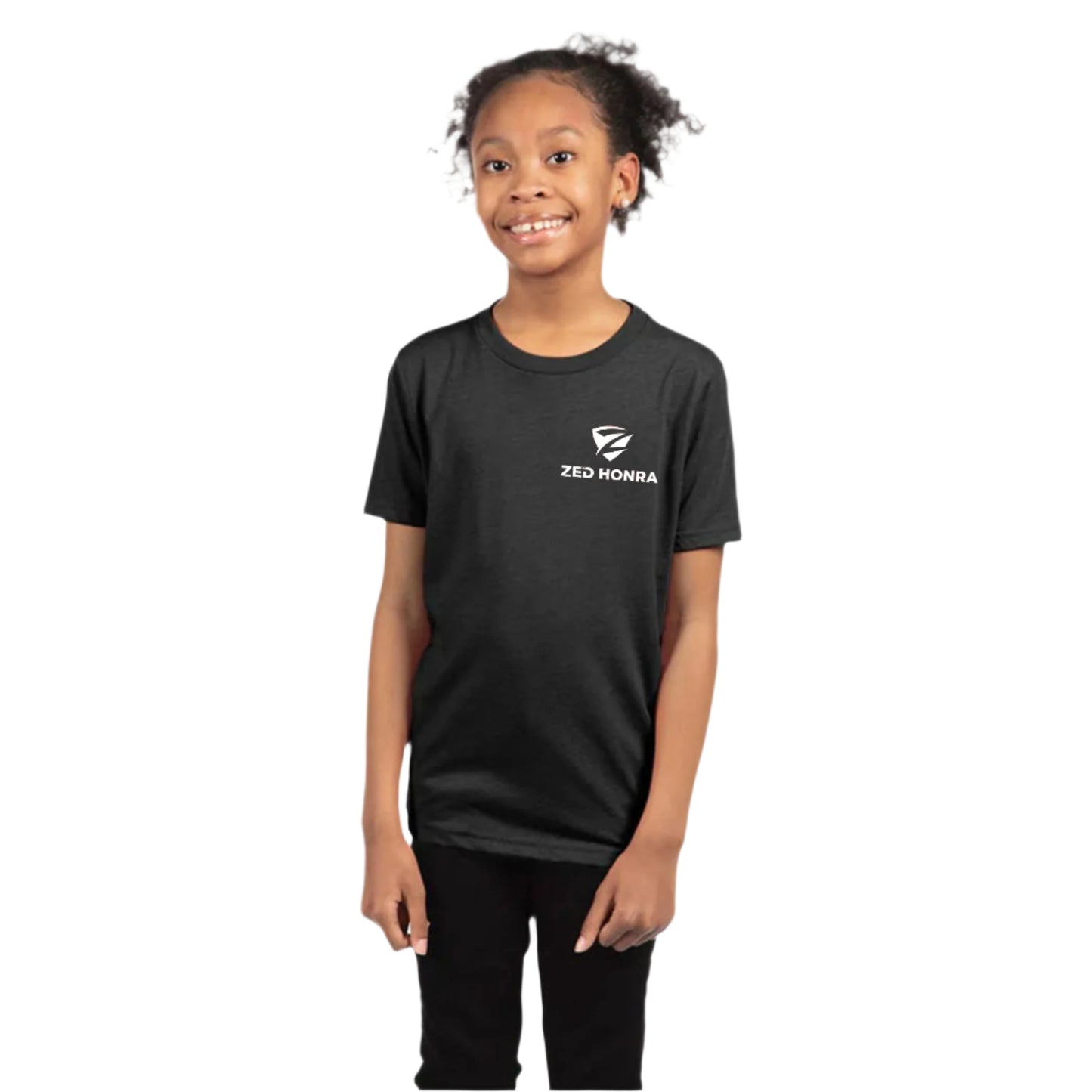 Zed Honra ‘Bone Collector’ Youth Jiu-Jitsu T-Shirt in Vintage Black – Front Viewon girl