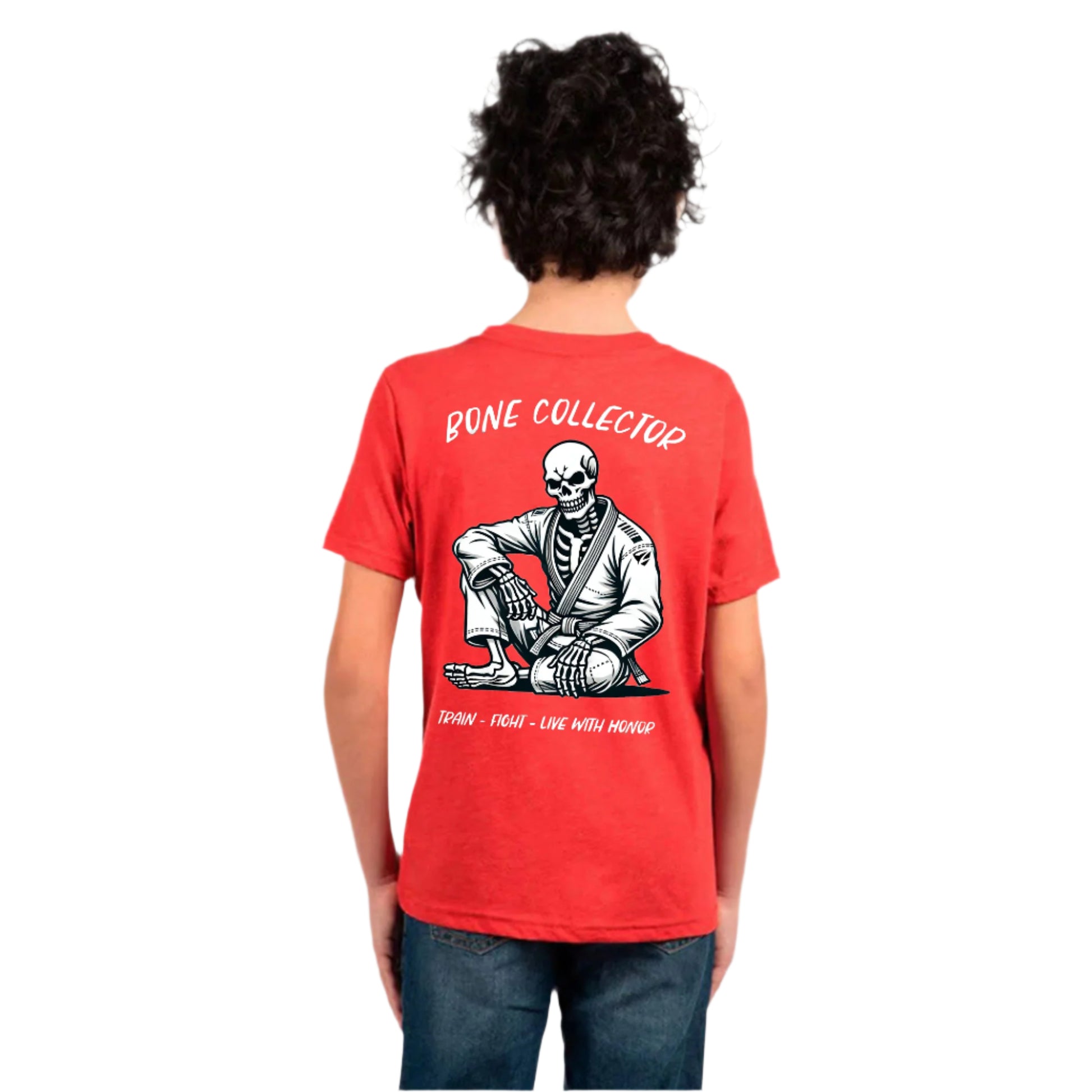 Zed Honra ‘Bone Collector’ Youth Jiu-Jitsu T-Shirt in Vintage Red – Back View on bioy
