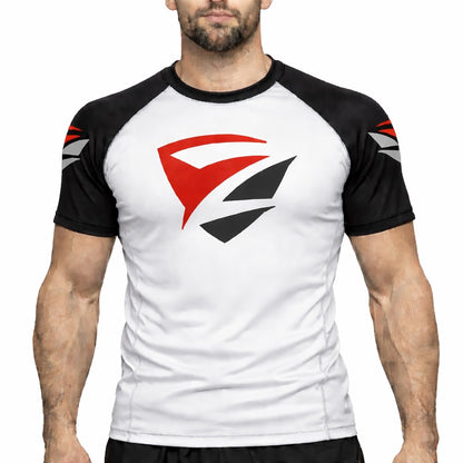 Adult Model 1R Ranked Rash Guard – White Base with Black Belt Sleeves (Side View)