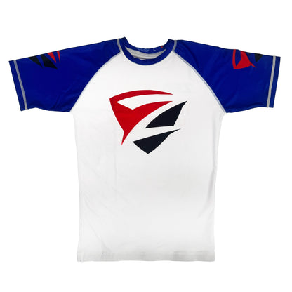White Adult Model 1R Ranked Rash Guard – Blue Belt Variant (Flat Lay Front)