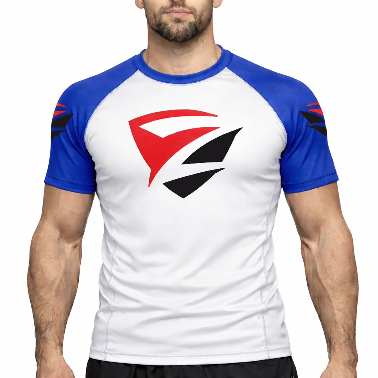 Adult Model 1R Ranked Rash Guard – White Base with Blue Belt Sleeves (Front View)