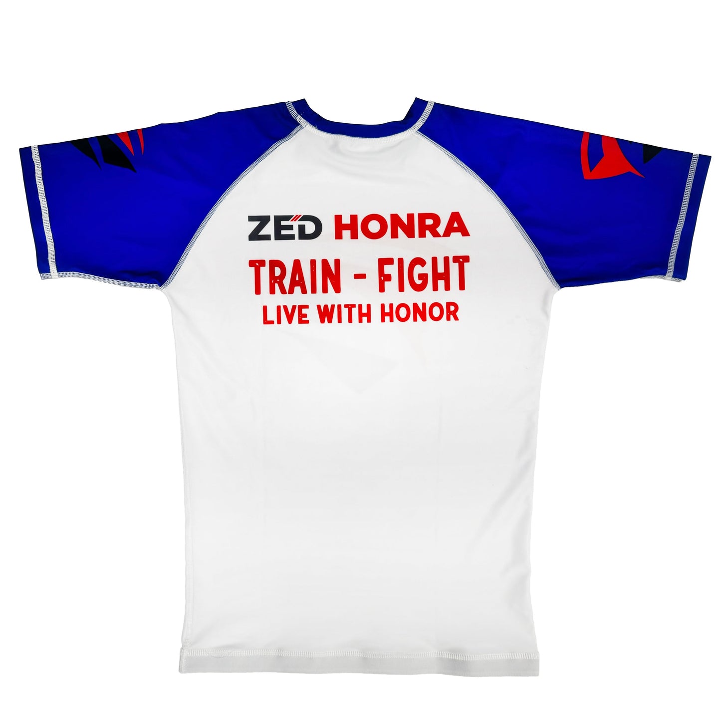 White Adult Model 1R Ranked Rash Guard – Blue Belt Variant (Flat Lay Back)