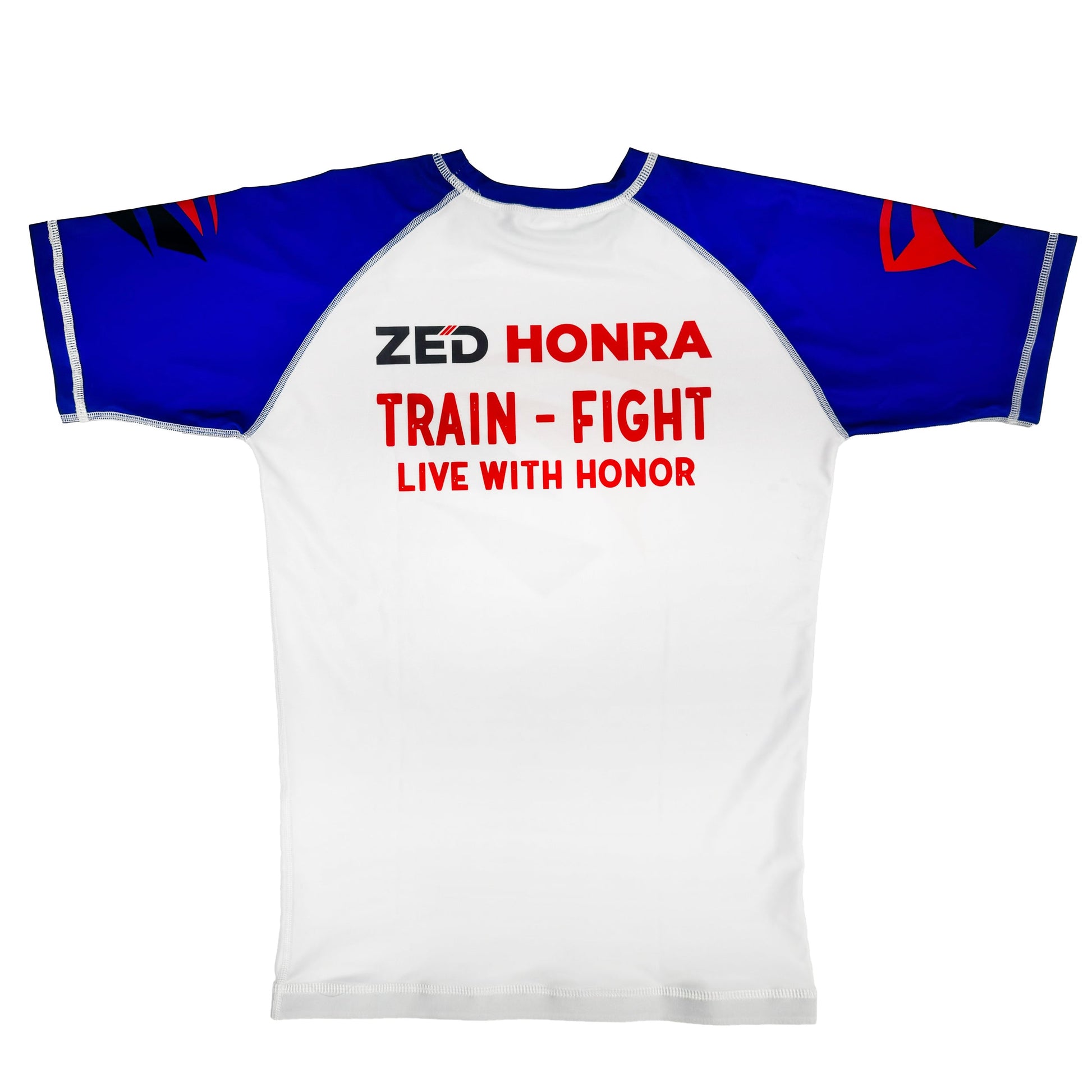 White Adult Model 1R Ranked Rash Guard – Blue Belt Variant (Flat Lay Back)