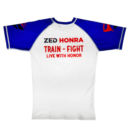 White Adult Model 1R Ranked Rash Guard – Blue Belt Variant (Flat Lay Back)