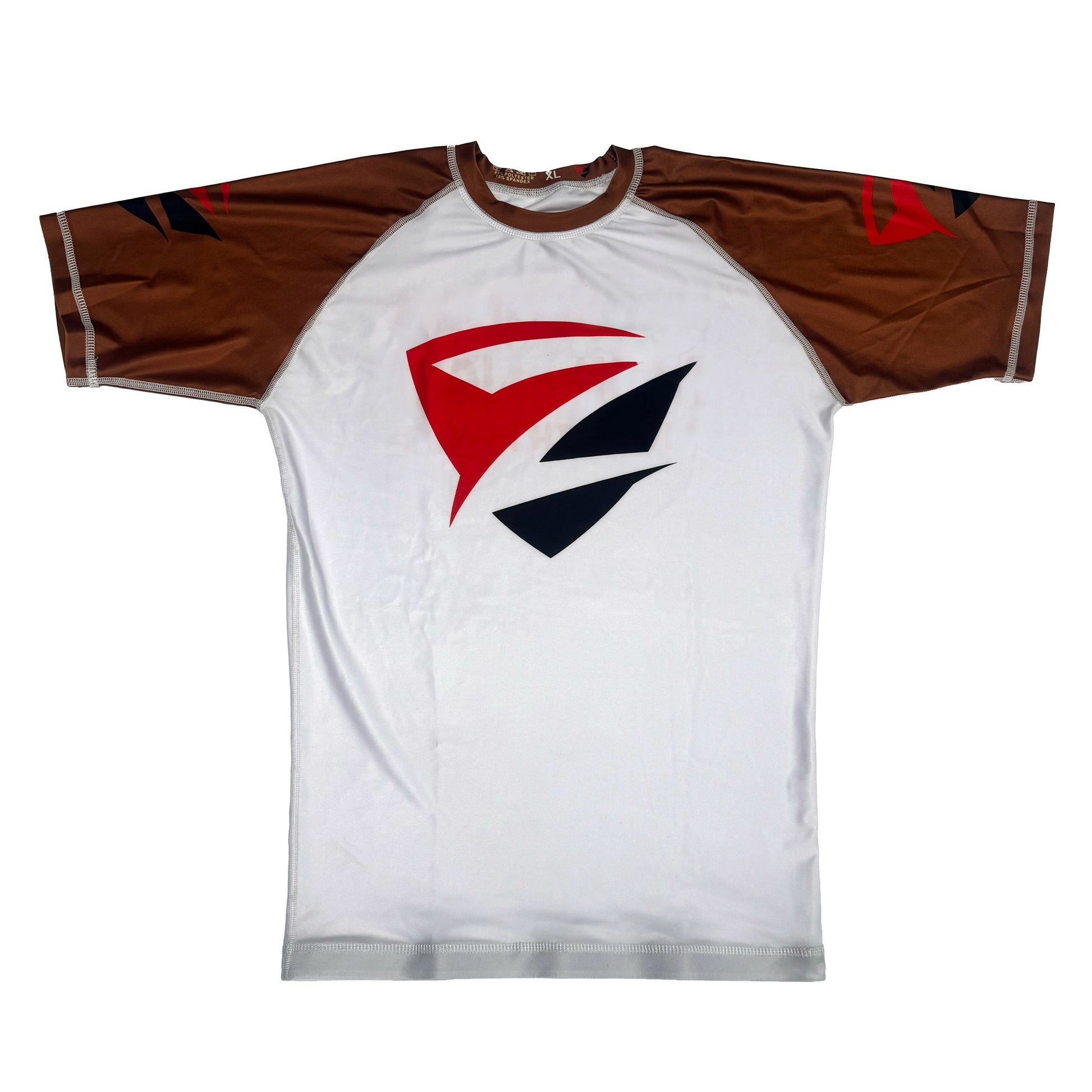 White Adult Model 1R Ranked Rash Guard – Brown Belt Variant (Flat Lay Front)