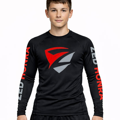 Zed Honra - Youth Long Sleeve "Model 1" Rash Guard on Model