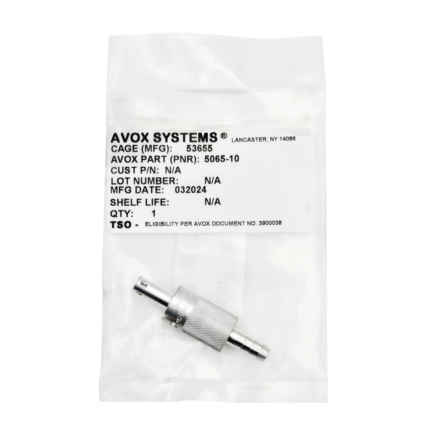 Packaging for AVOX Systems 5065-10 quick disconnect connector showing product label with part number and CAGE code.