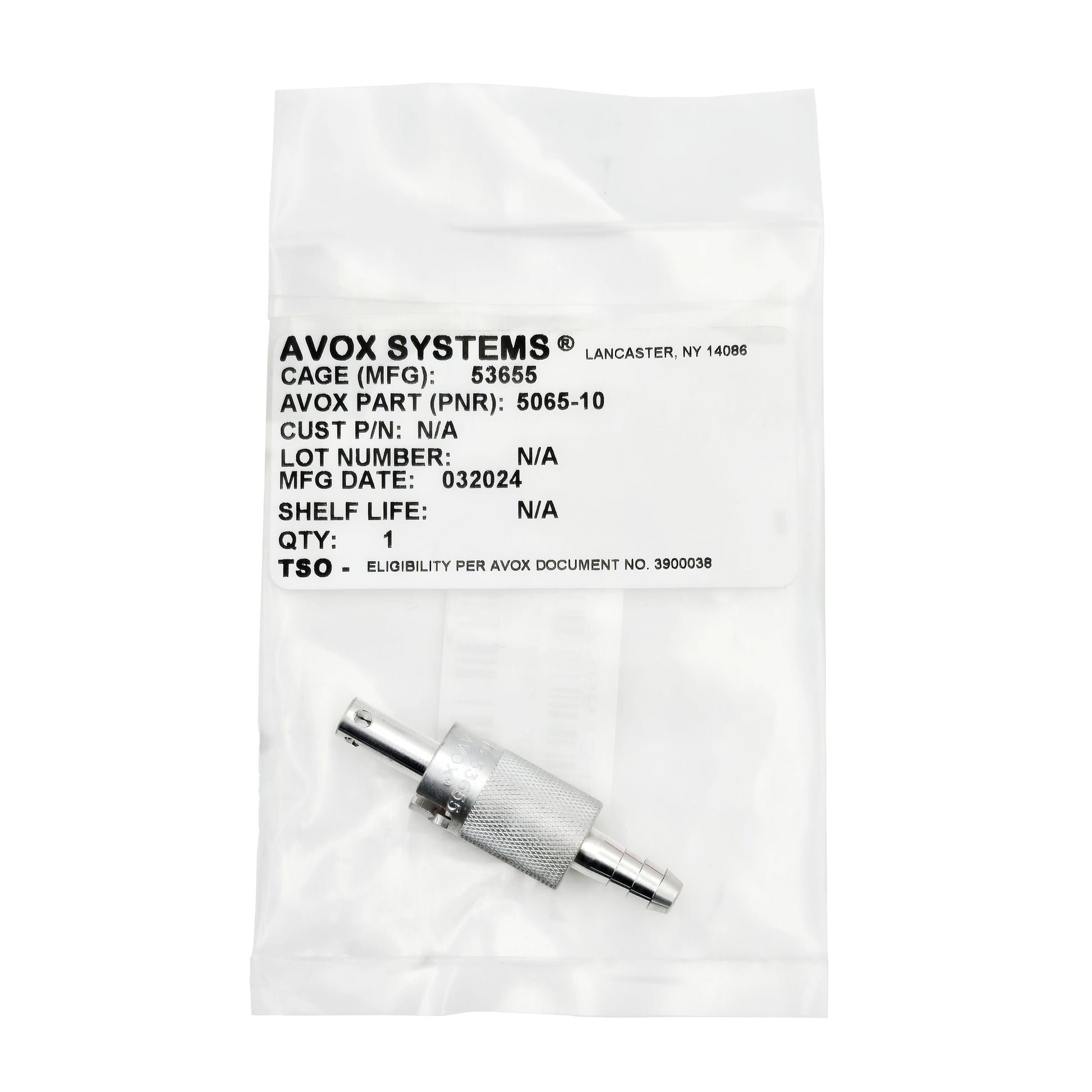 Packaging for AVOX Systems 5065-10 quick disconnect connector showing product label with part number and CAGE code.