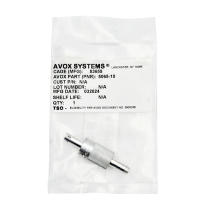 Packaging for AVOX Systems 5065-10 quick disconnect connector showing product label with part number and CAGE code.