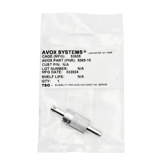 Packaging for AVOX Systems 5065-10 quick disconnect connector showing product label with part number and CAGE code.