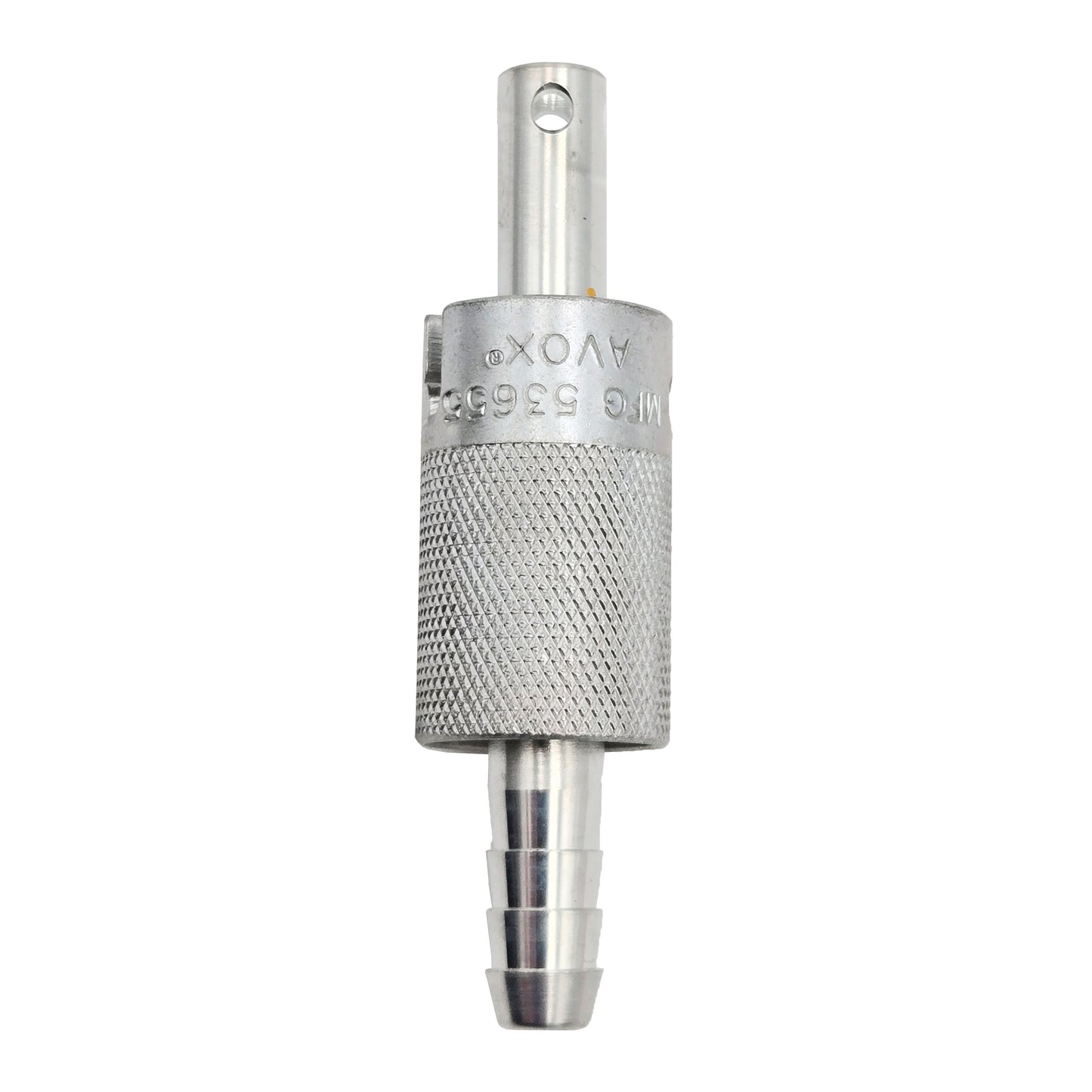 Upright view of AVOX Systems 5065-10 connector with AVOX and CAGE 53655 markings on knurled section.