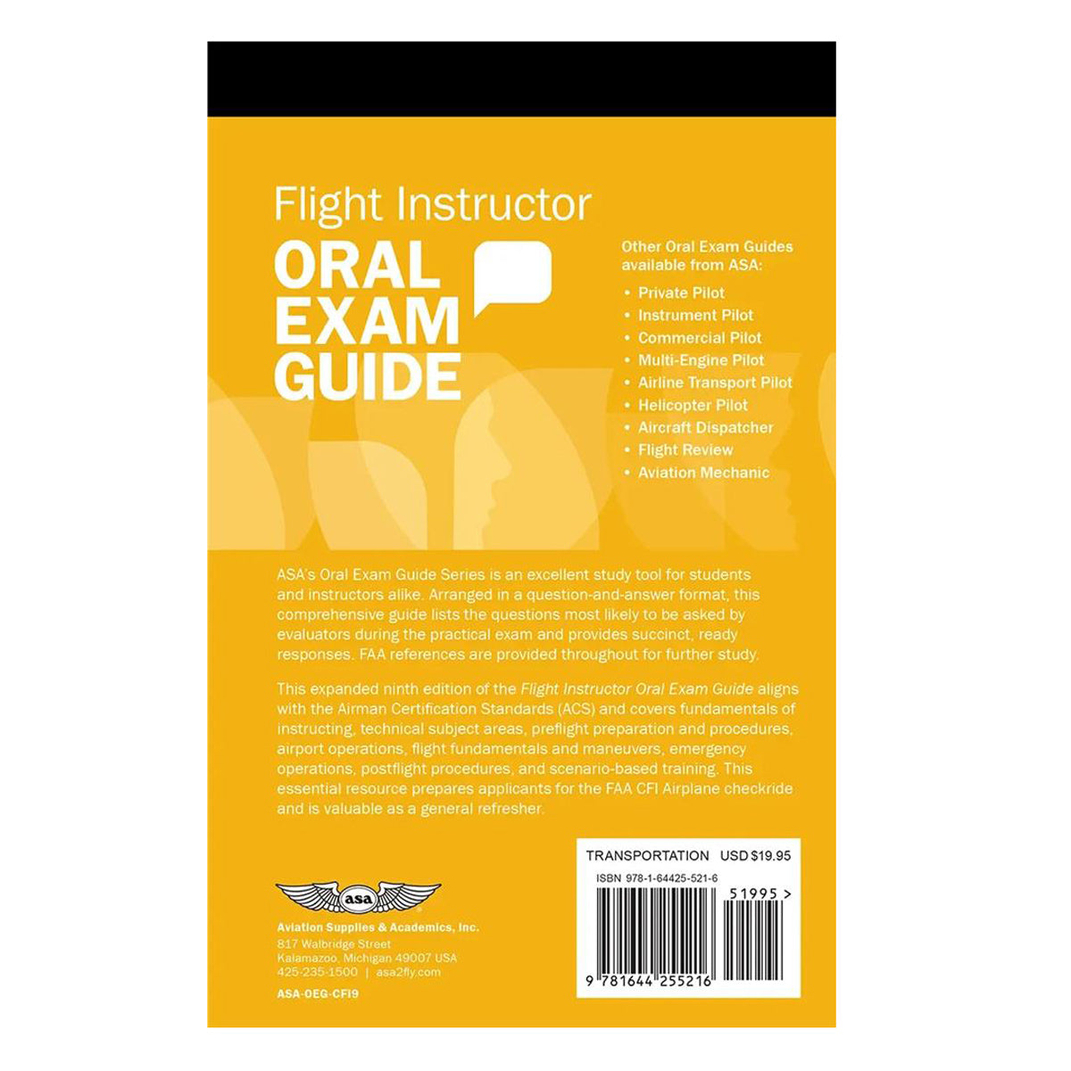 Back cover of ASA Flight Instructor Oral Exam Guide, Ninth Edition, ASA-OEG-CFI9 aviation instructor study guide