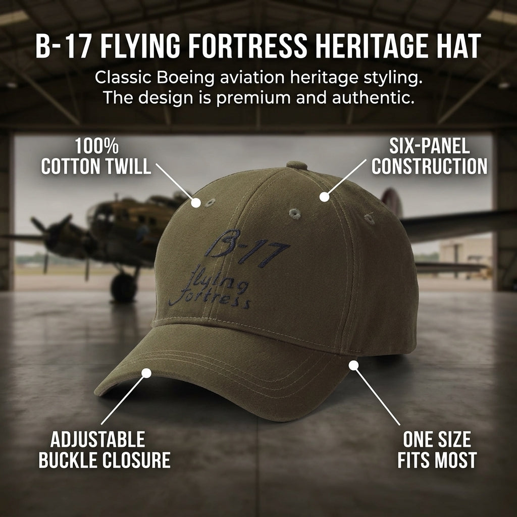 Boeing B-17 Flying Fortress olive script hat displayed in a vintage aviation heritage setting