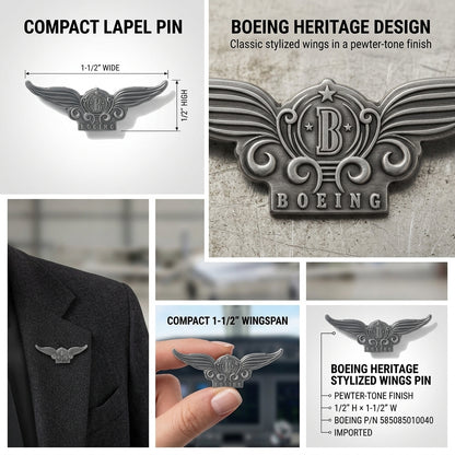 Boeing Heritage Stylized Wings Pin 585085010040 with dimensions, pewter-tone finish, lapel view and size reference