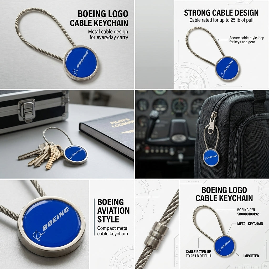 Boeing Logo Cable Keychain 580080100192 with metal cable, 25 lb pull rating and aviation lifestyle views