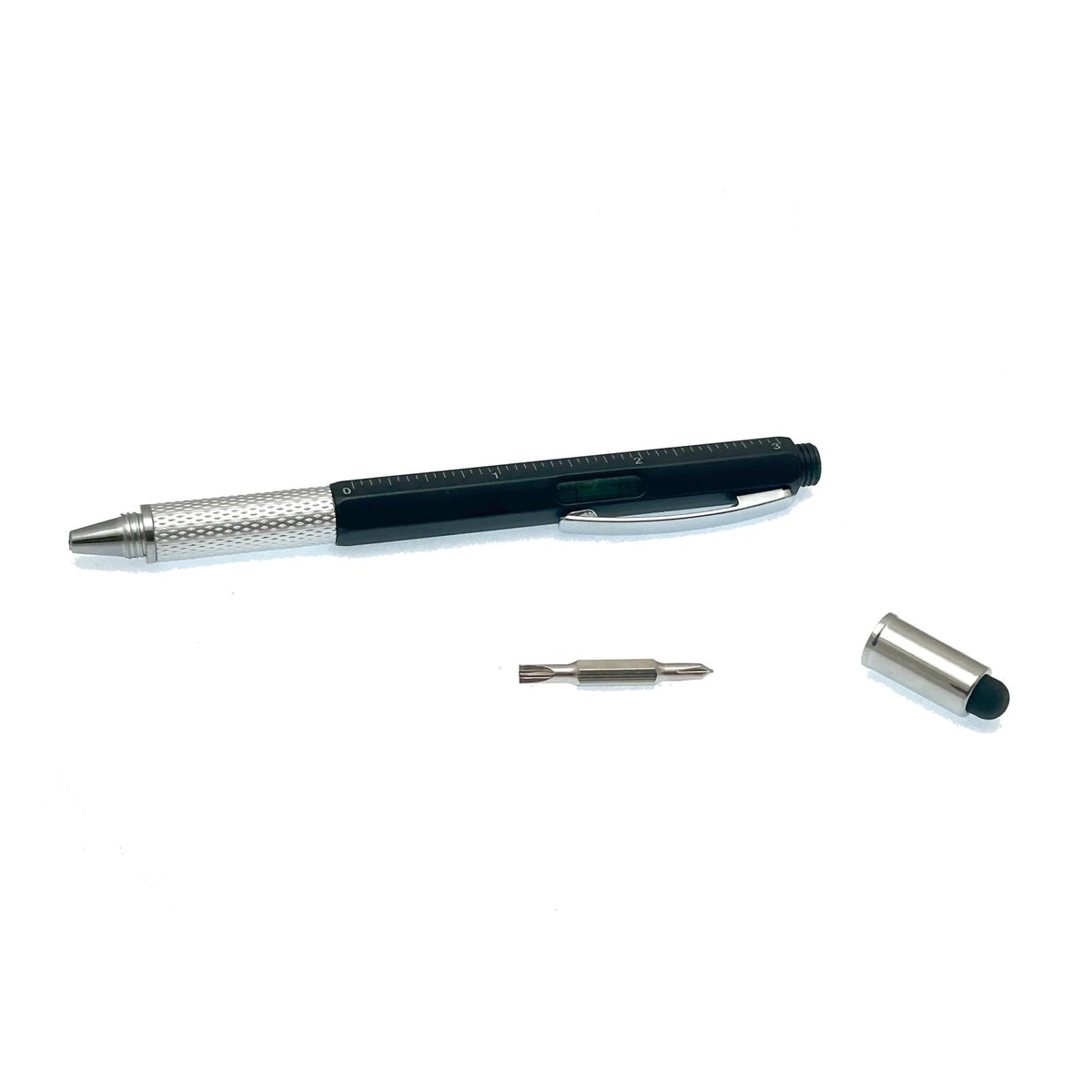 Flying Eyes 5-in-1 multifunction pen with detachable stylus cap and double-ended screwdriver bit, showing ruler, level and metal grip
